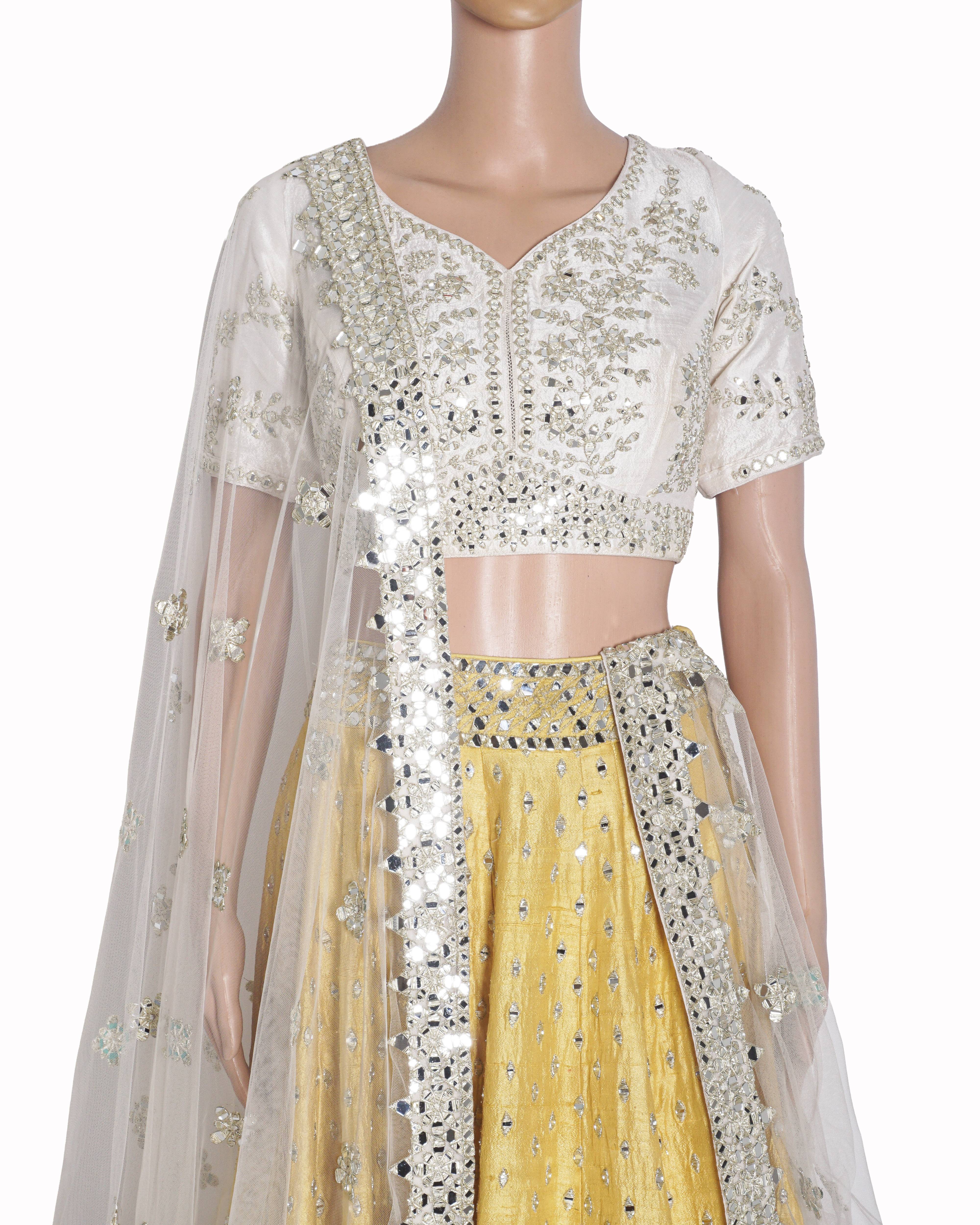 Abhinav Mishra Ivory & Yellow Mirror Work Lehenga Set