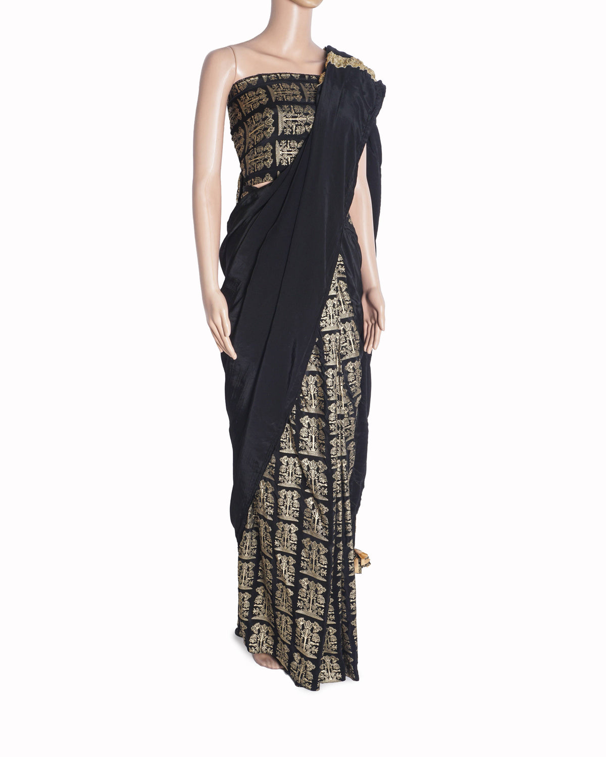 Masaba Black & Gold Birds Foil Printed Pre-Pleated Saree