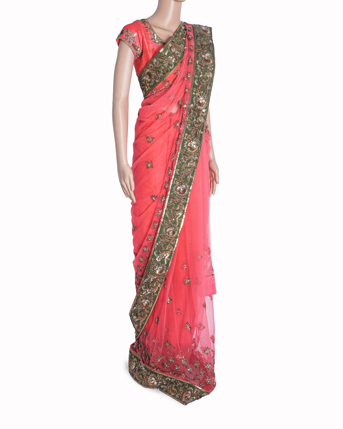 Manish Malhotra Hot Pink & Olive Green Embroidered Saree Set