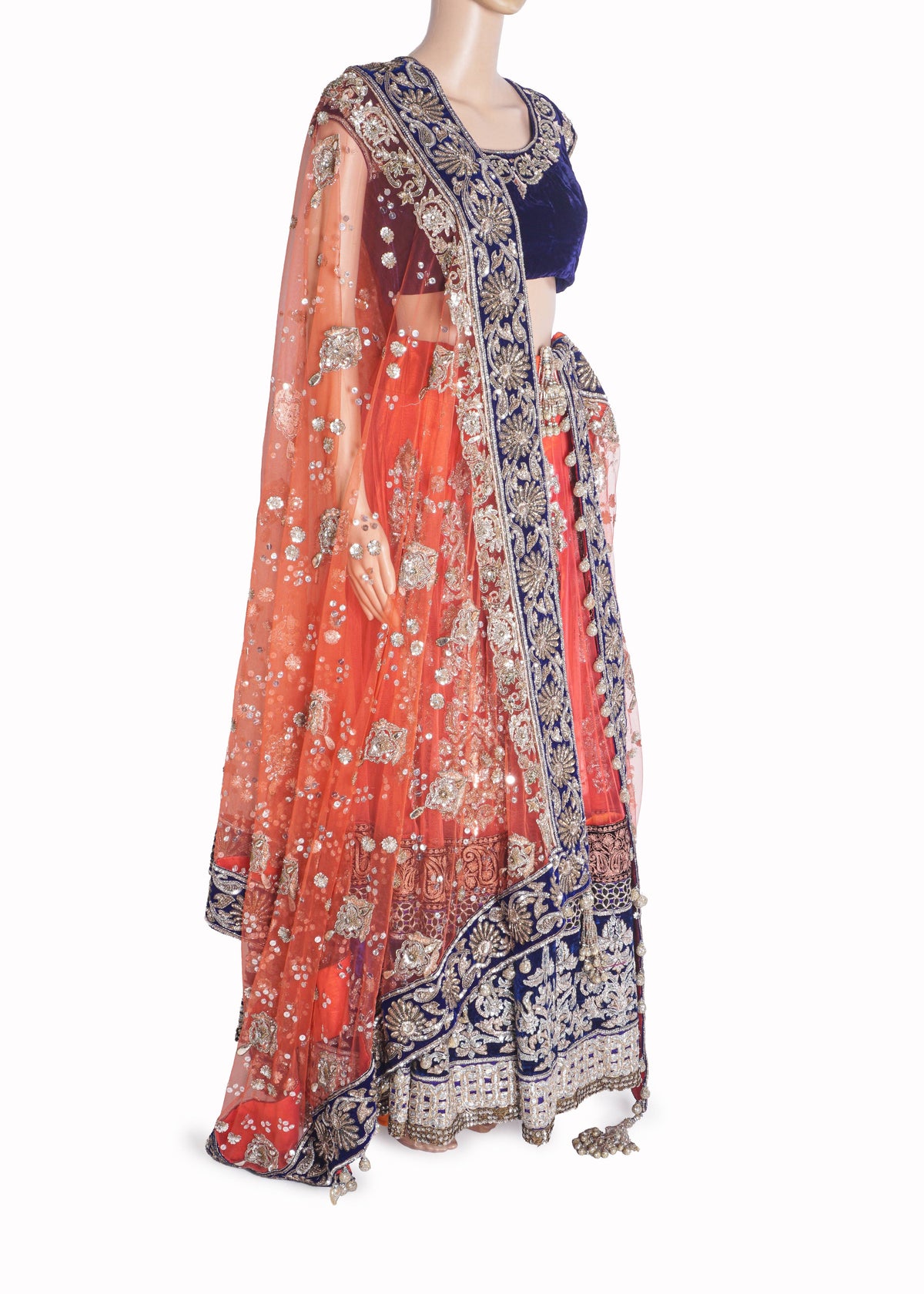 Manish Malhotra Coral Pink & Royal Blue Velvet Lehenga Set