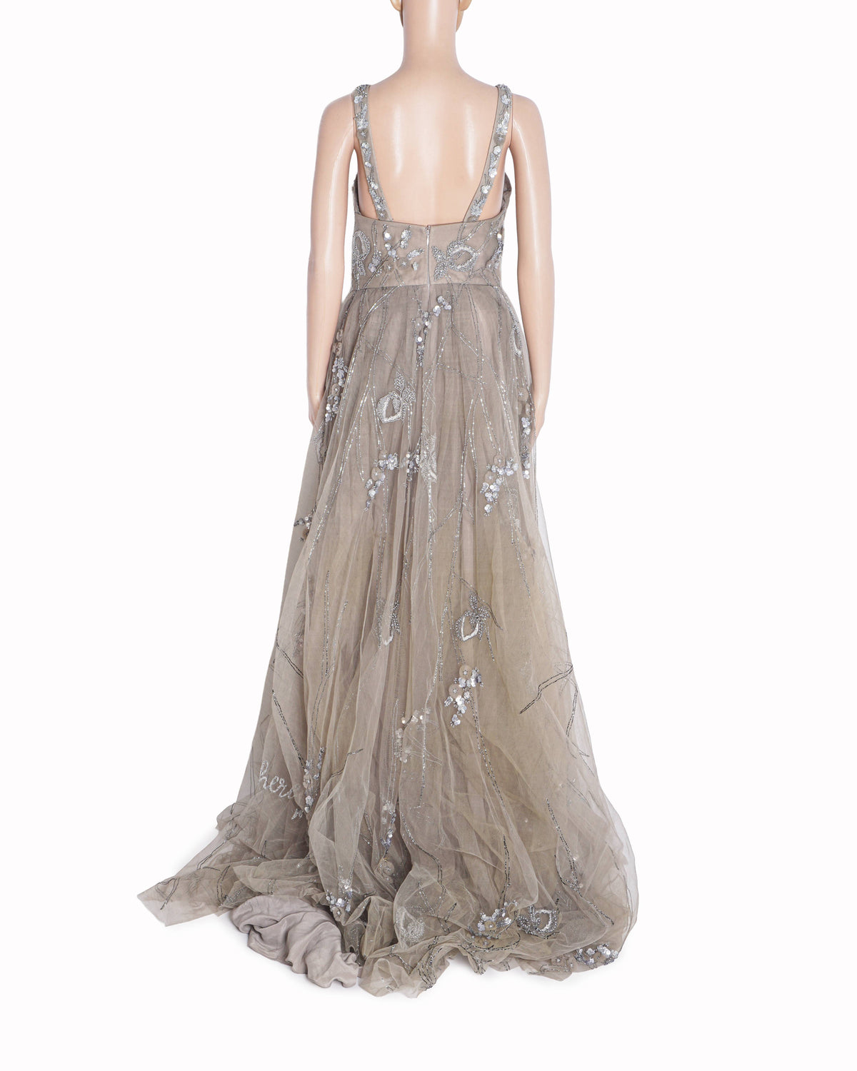 Karleo Mauve Taupe Sequined Tulle Evening Gown