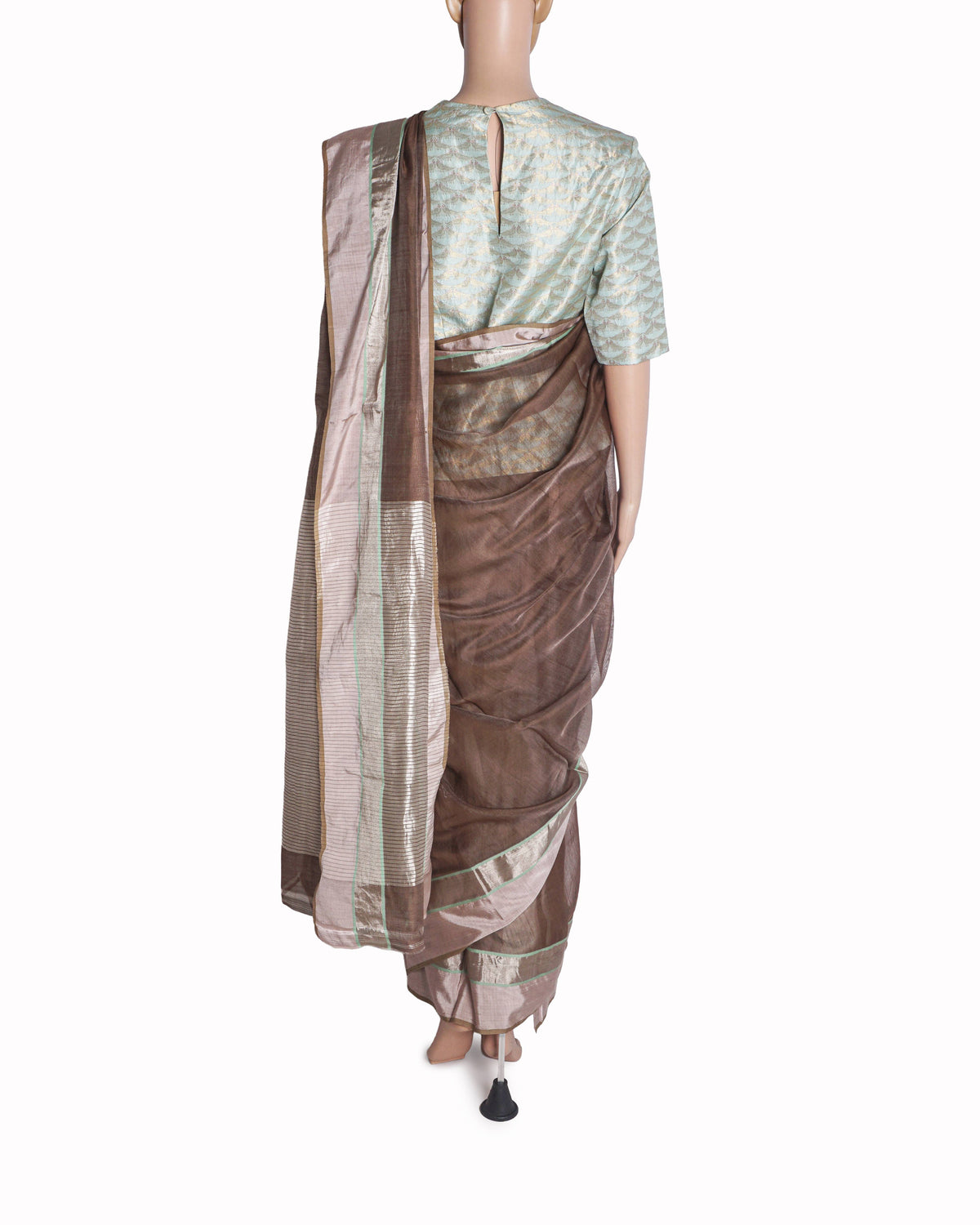 Raw Mango Brown Zari Saree & Blue Brocade Long Blouse Set