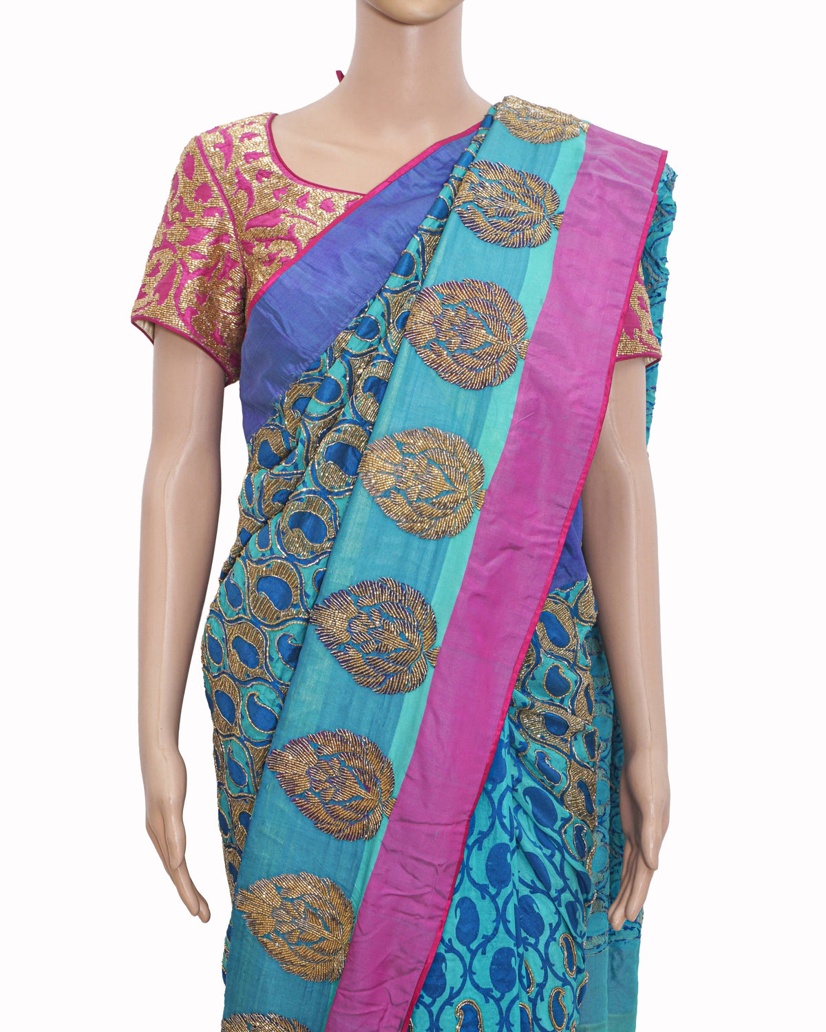 Jade by Monica & Karishma Turquoise Blue & Magenta Gold Zardozi Saree Set