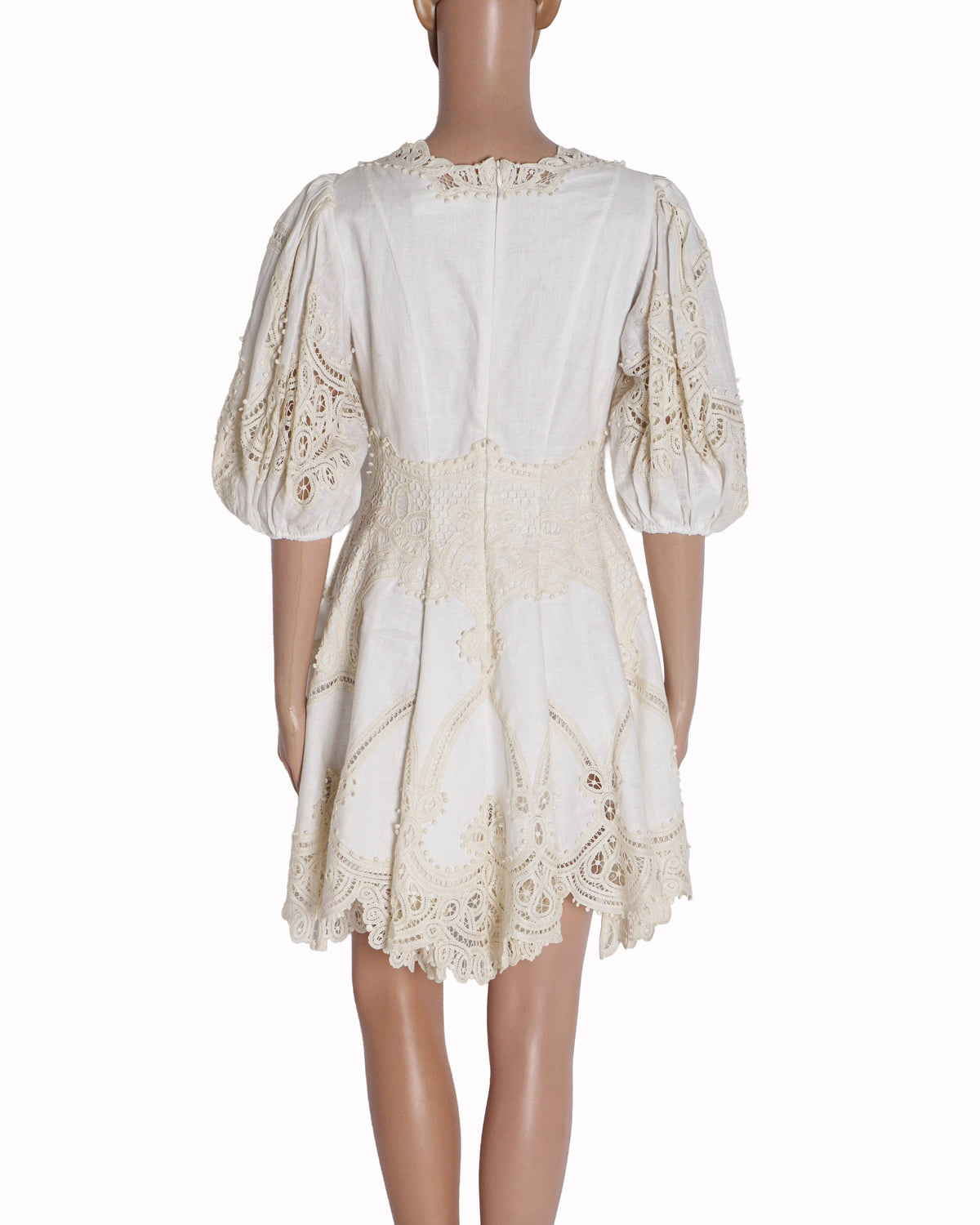 Zimmermann Ivory Crocheted Lace-Paneled Linen Mini Dress