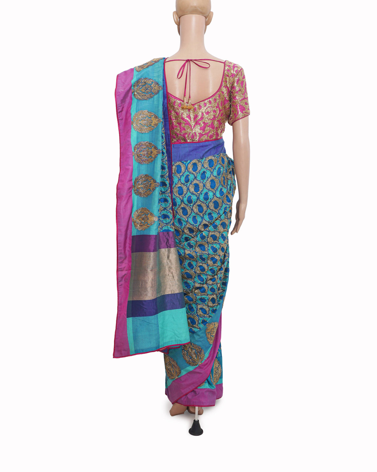 Jade by Monica & Karishma Turquoise Blue & Magenta Gold Zardozi Saree Set