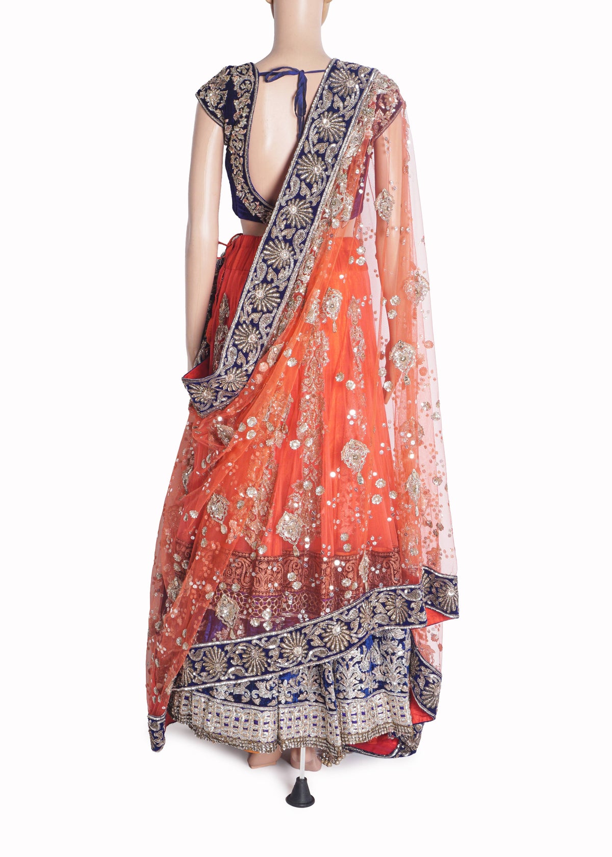 Manish Malhotra Coral Pink & Royal Blue Velvet Lehenga Set