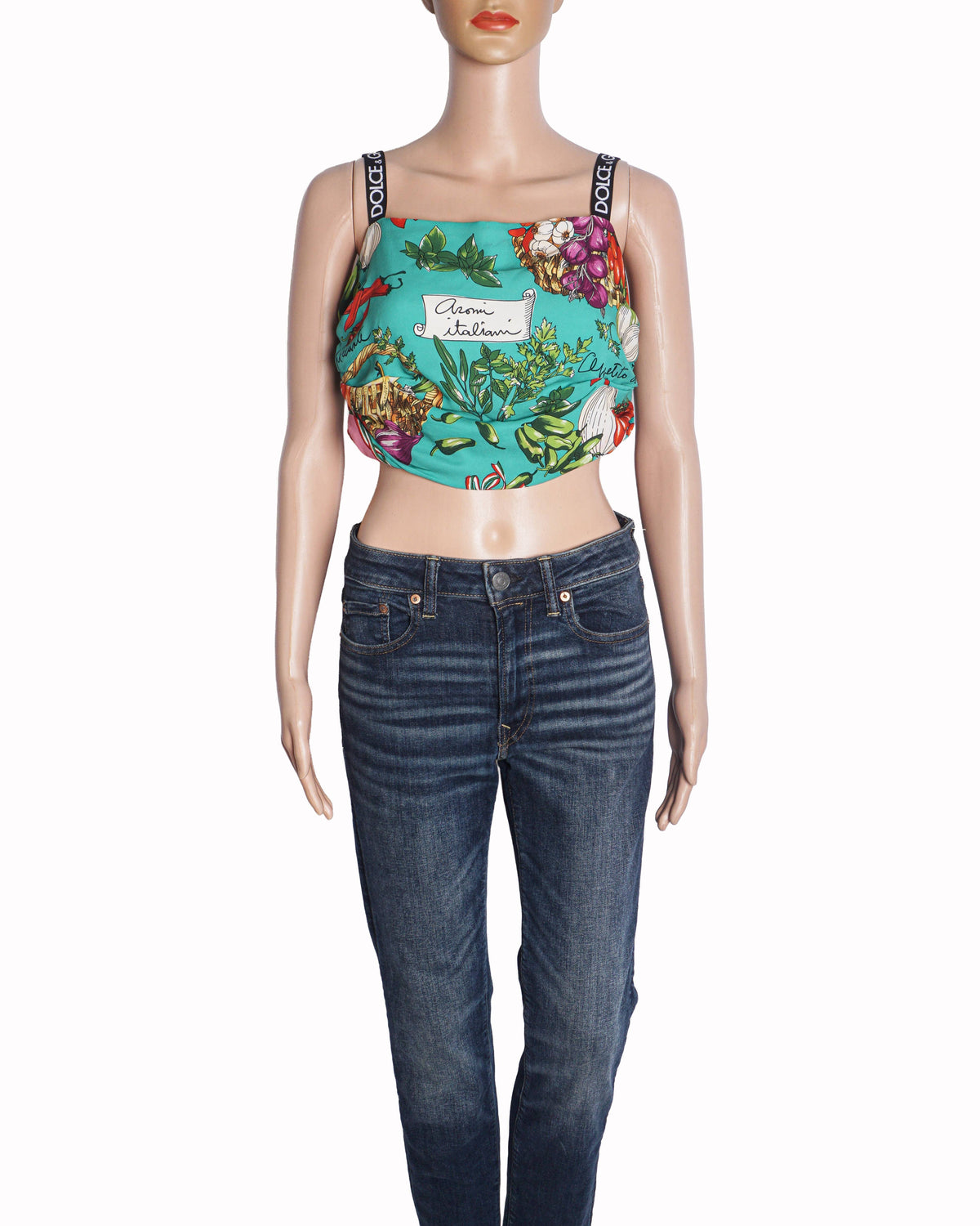 Dolce & Gabbana Turquoise Vegetable Print Silk Crop Tank Top