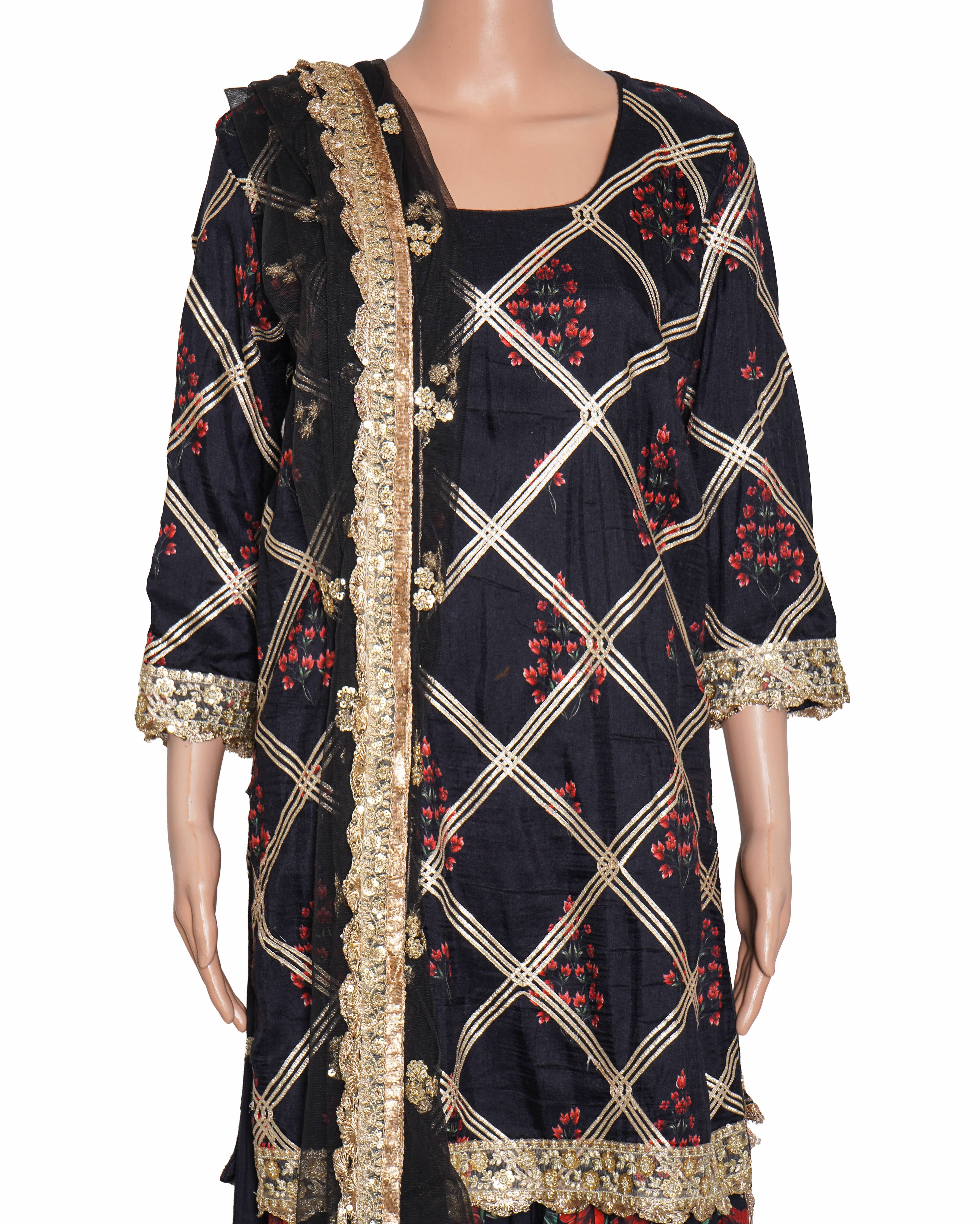 Vikram Phadnis Black Silk Kurta Sharara Set of 3