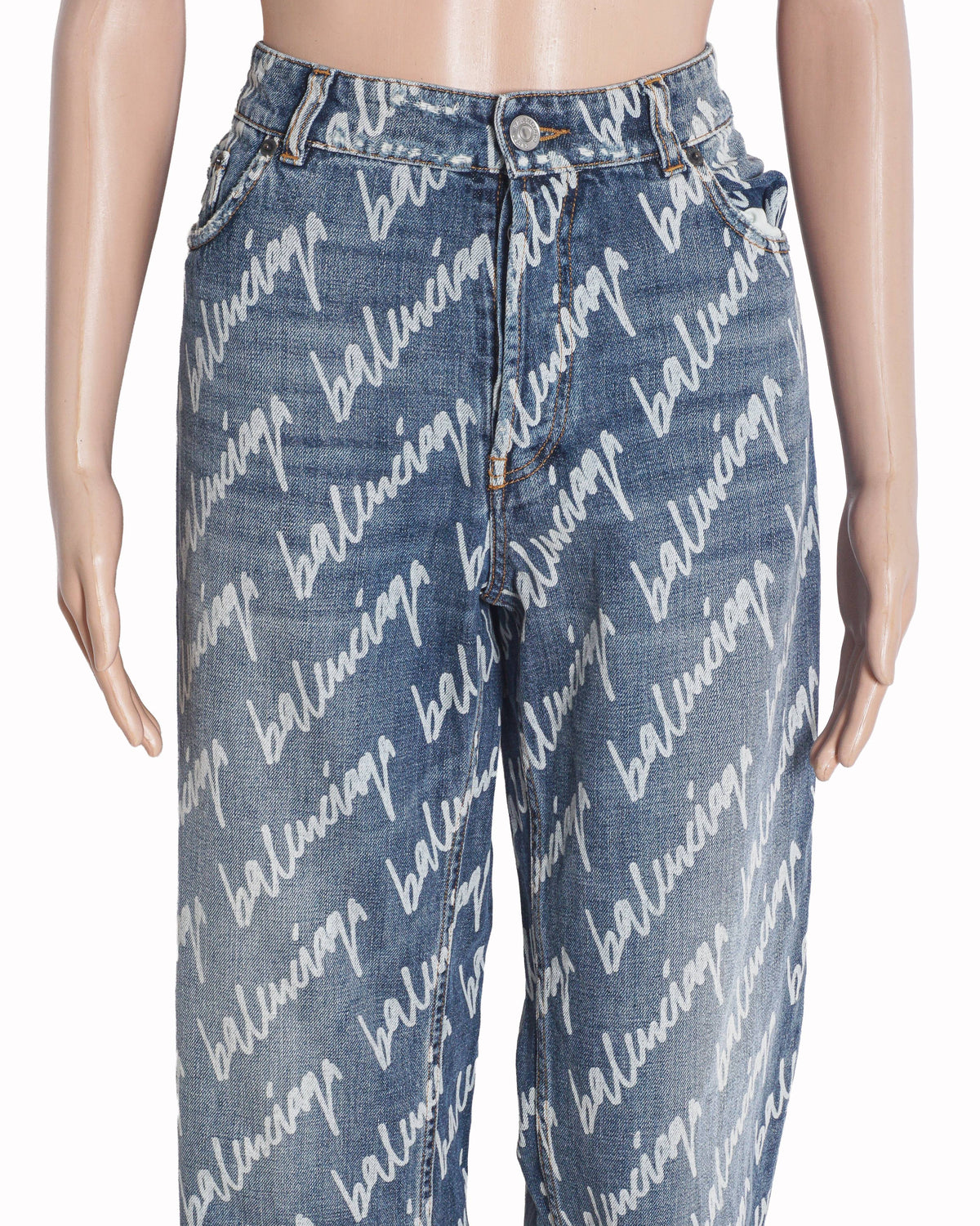 Balenciaga Allover Script Logo Print Denim Jeans