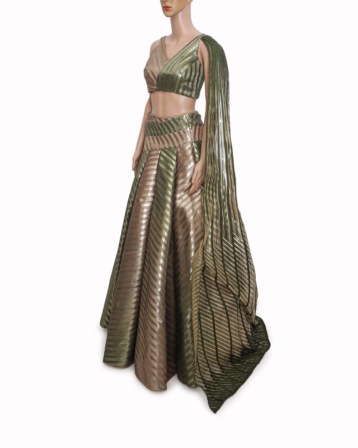 Amit Aggarwal Olive Green & Gold Metallic Mesh Lehenga