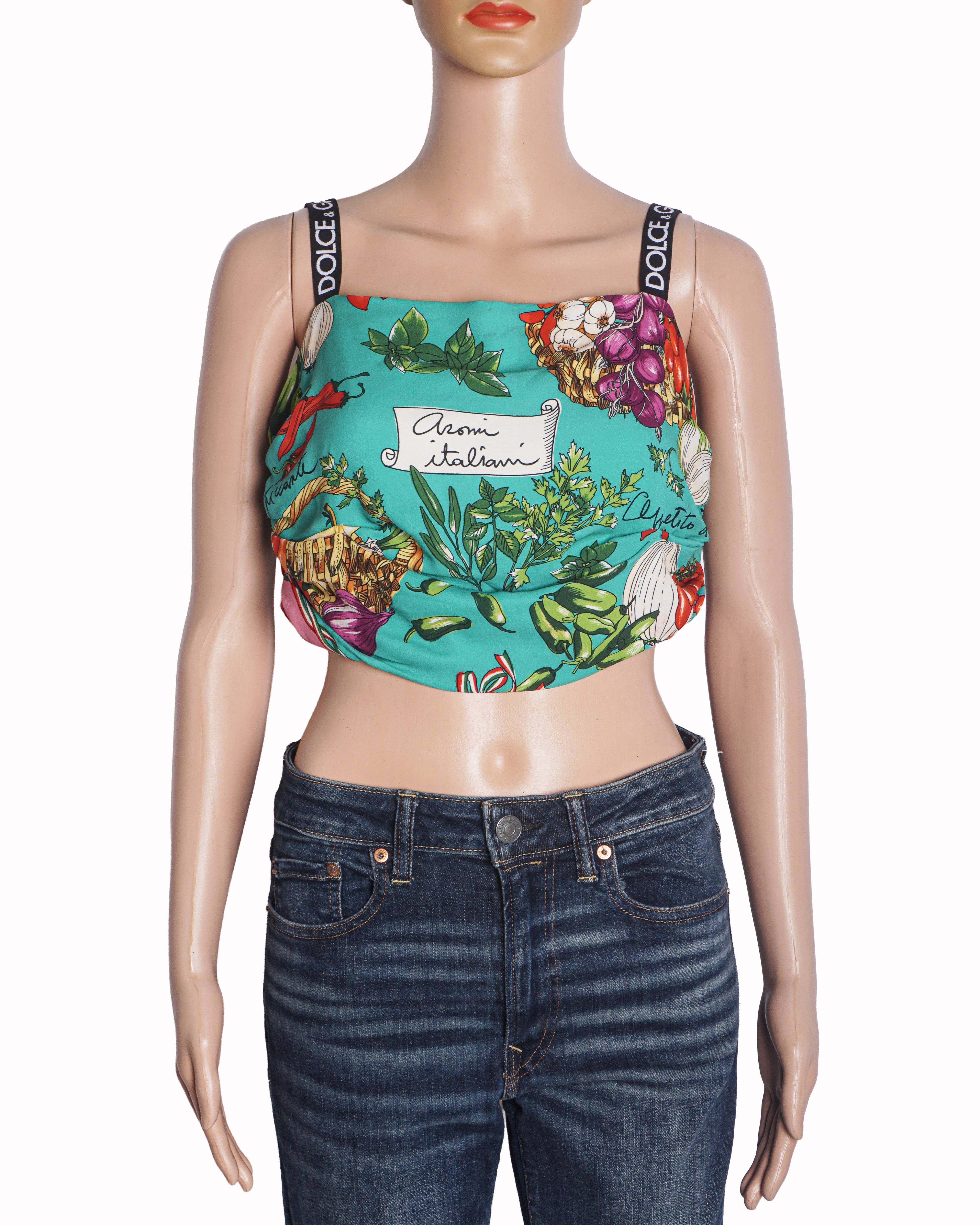 Dolce & Gabbana Turquoise Vegetable Print Silk Crop Tank Top