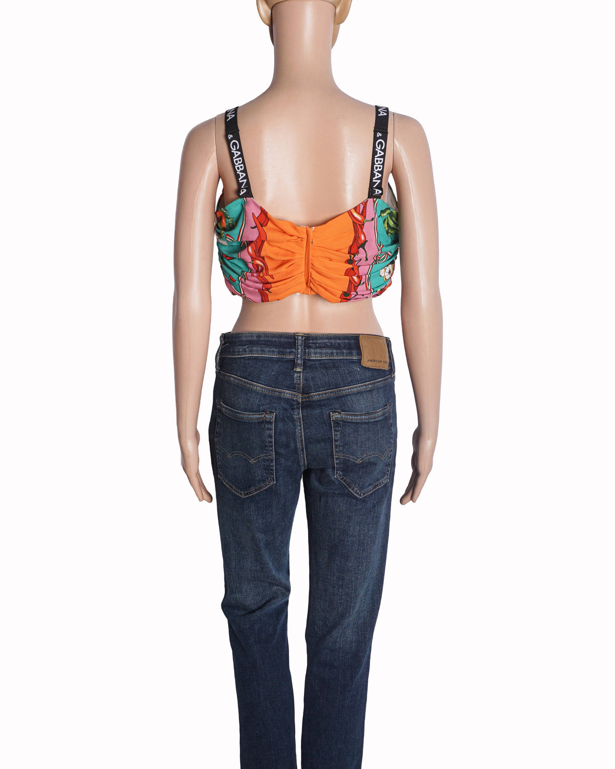 Dolce & Gabbana Turquoise Vegetable Print Silk Crop Tank Top