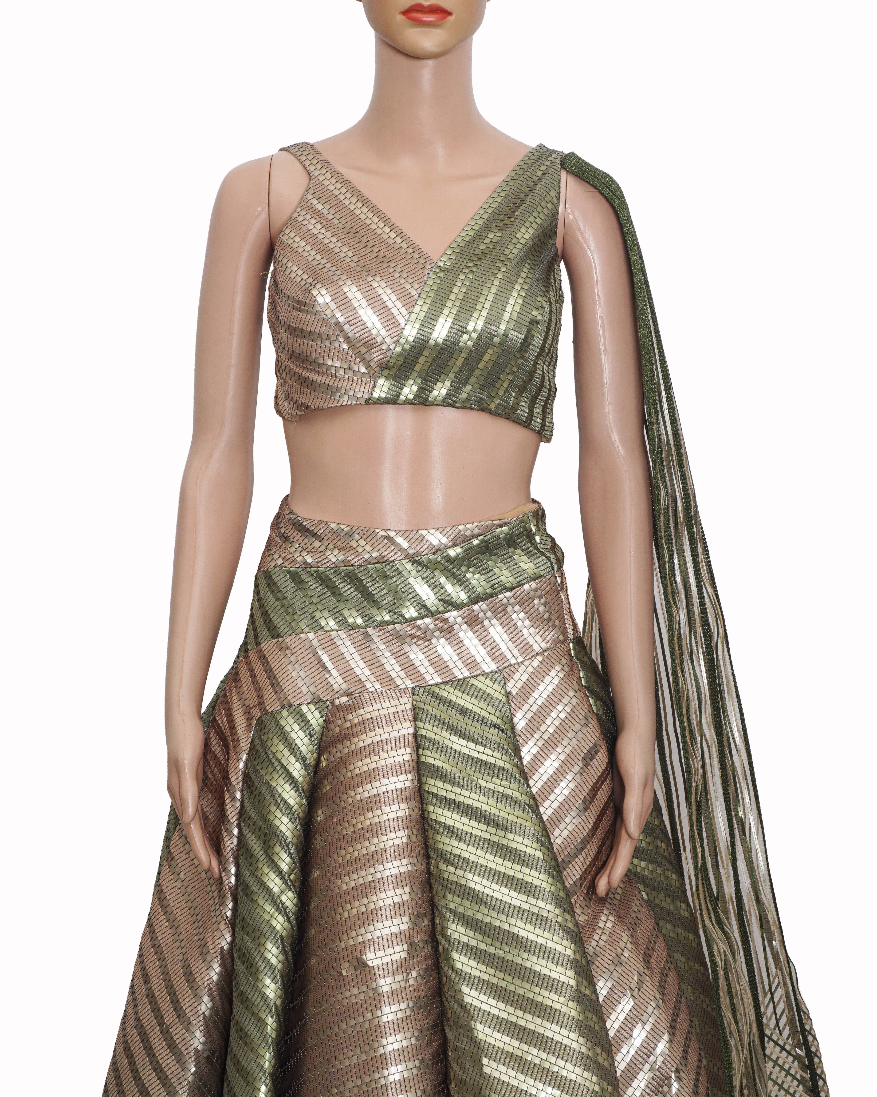 Amit Aggarwal Olive Green & Gold Metallic Mesh Lehenga