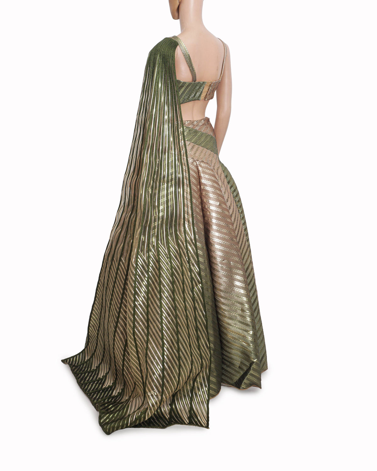 Amit Aggarwal Olive Green & Gold Metallic Mesh Lehenga