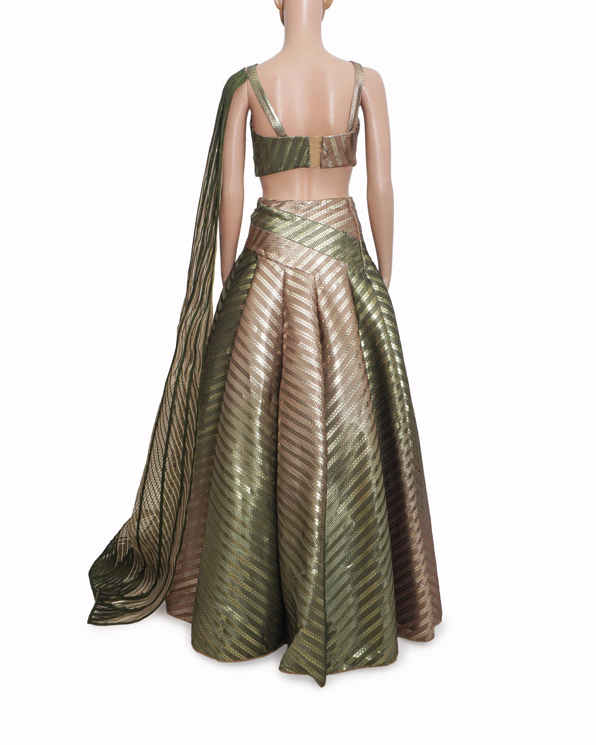 Amit Aggarwal Olive Green & Gold Metallic Mesh Lehenga