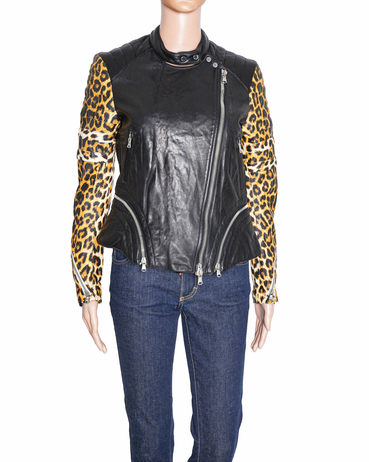 3.1 Phillip Lim Leopard Sleeve Leather Biker Jacket
