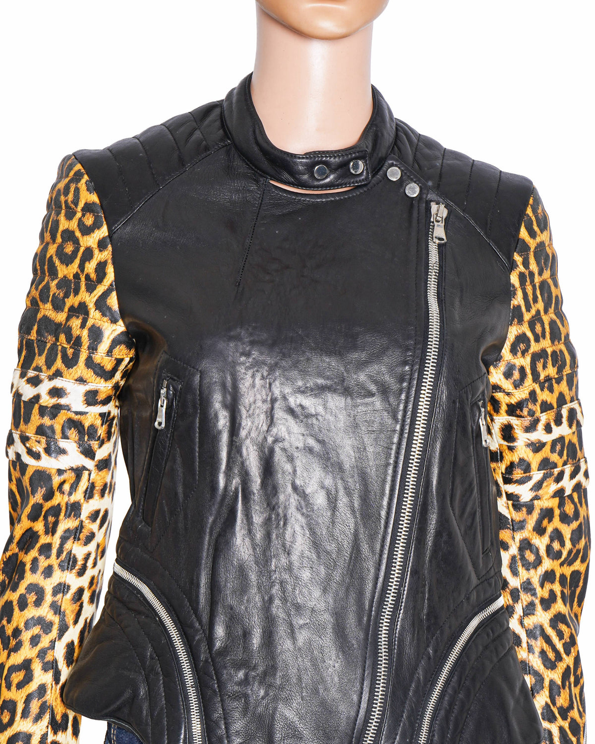 3.1 Phillip Lim Leopard Sleeve Leather Biker Jacket