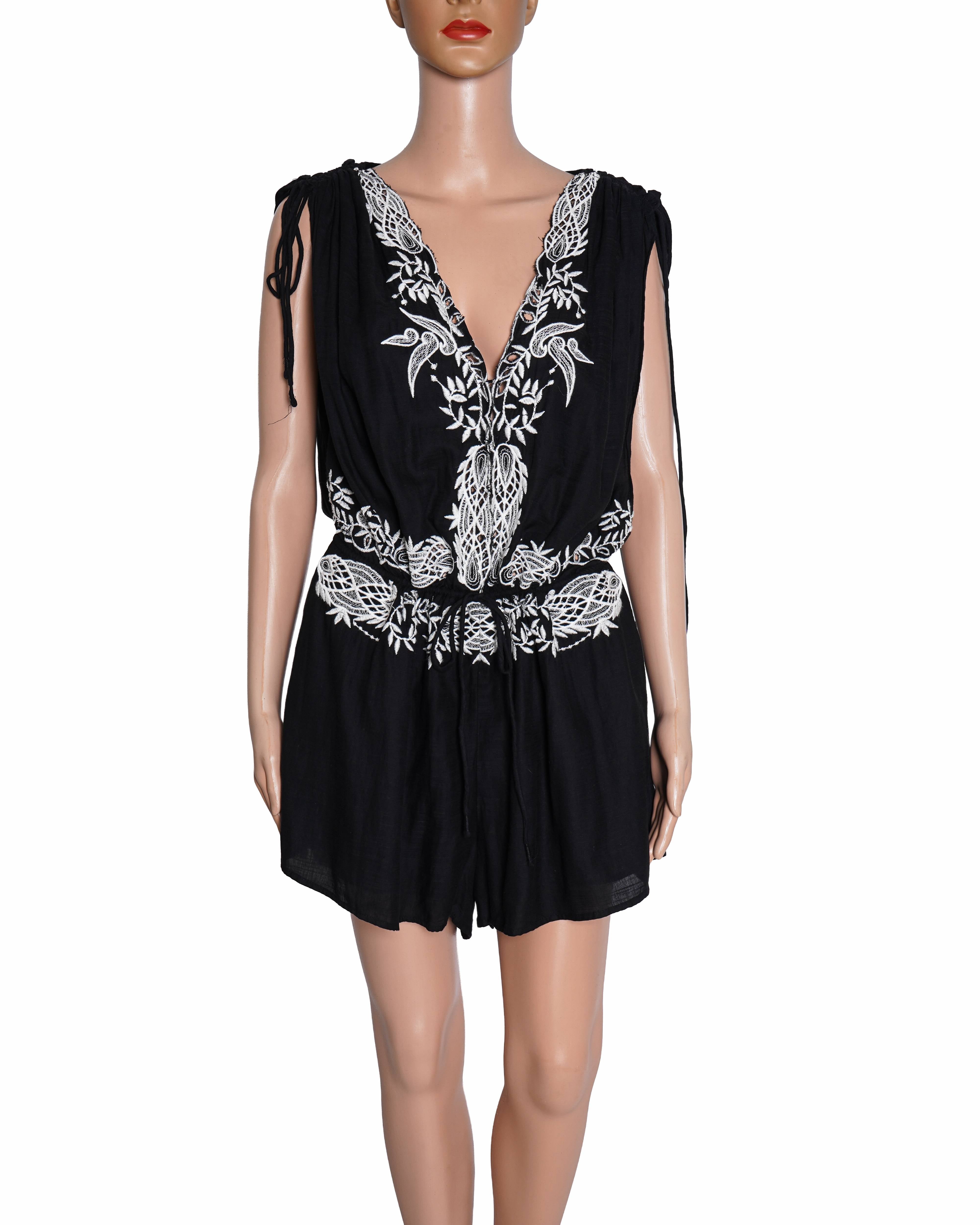 Free People Weila Romper in black with floral embroidery