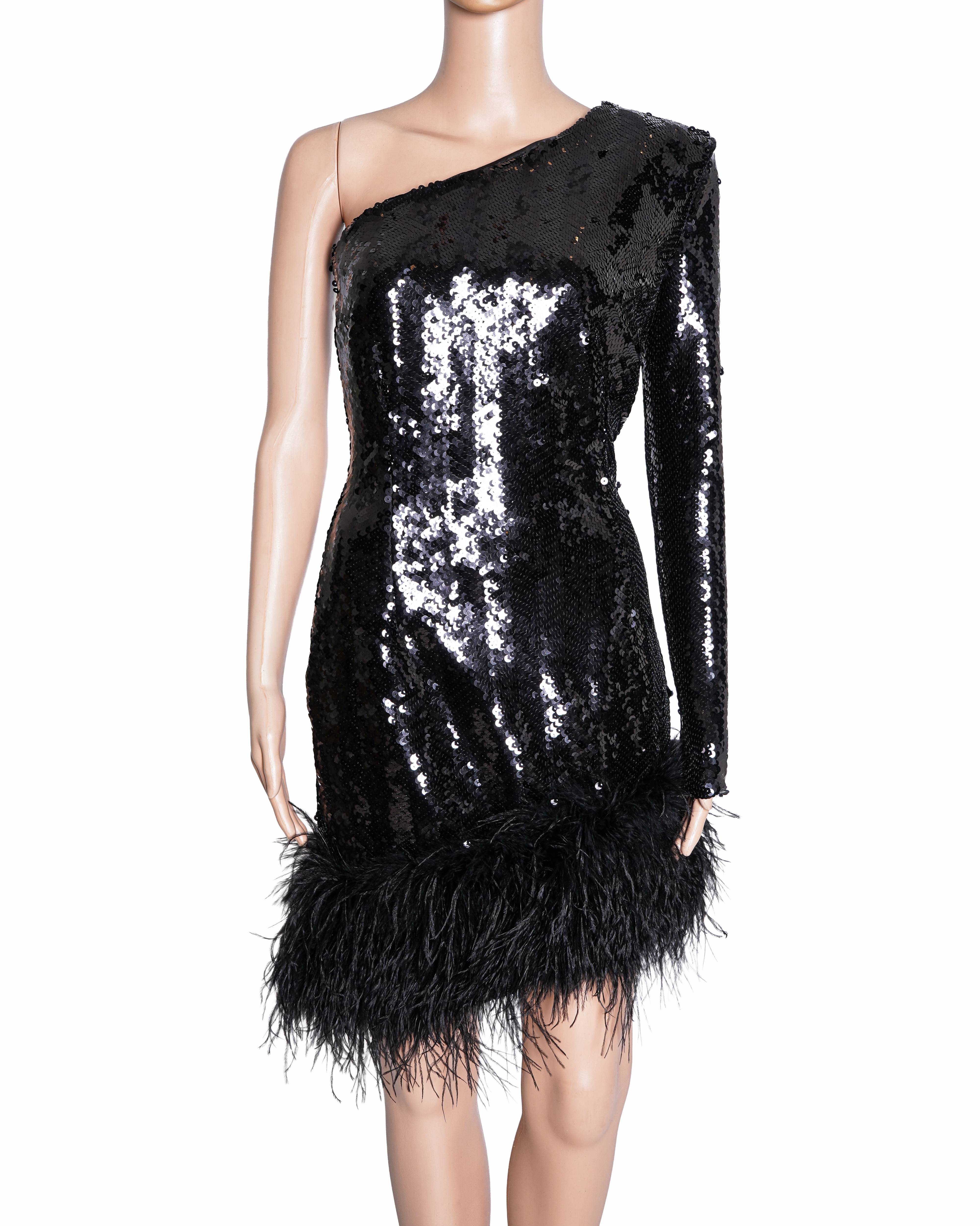 Nadine Merabi Black Sequin One-Shoulder Feather Dress
