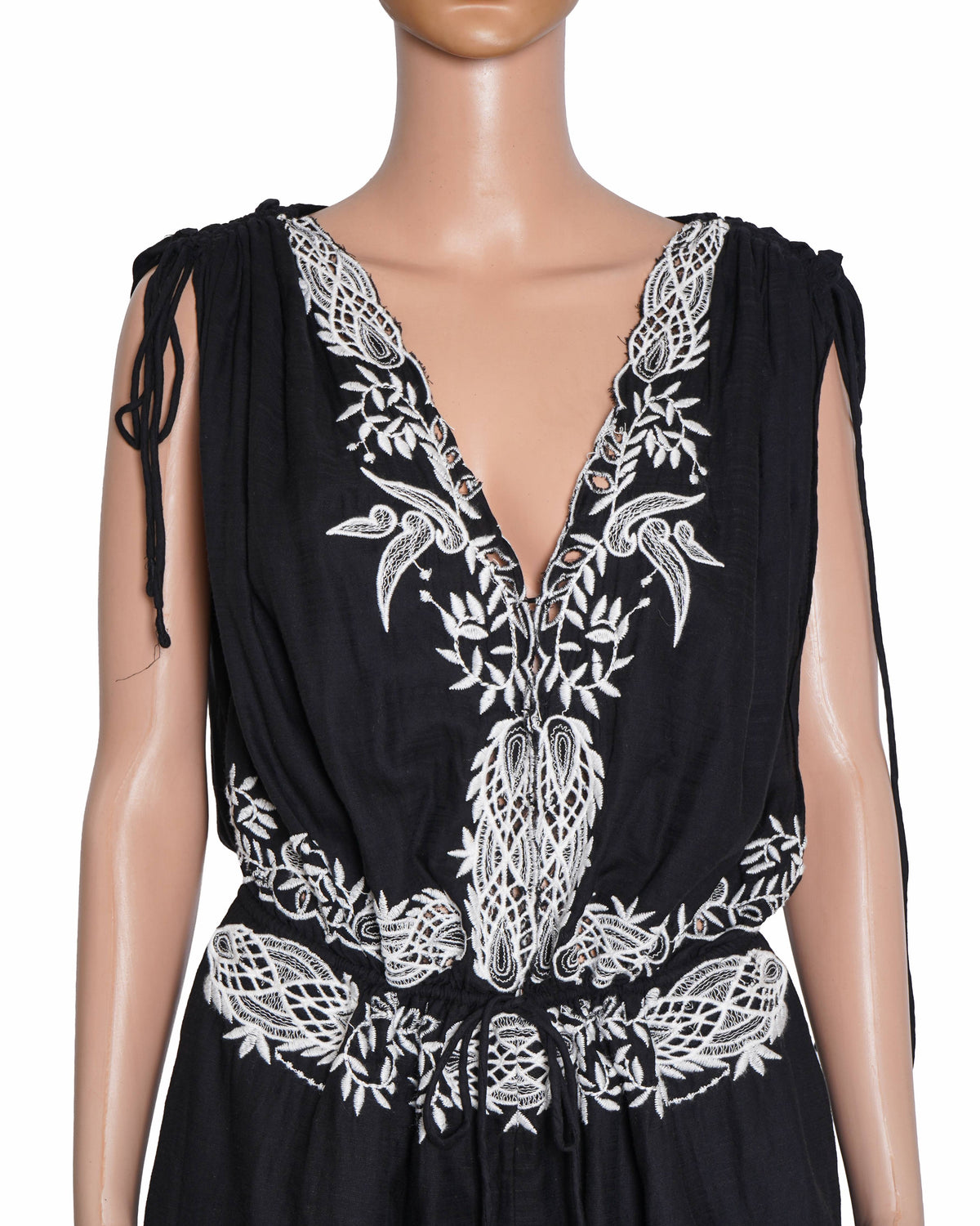 Free People Weila Romper in black with floral embroidery