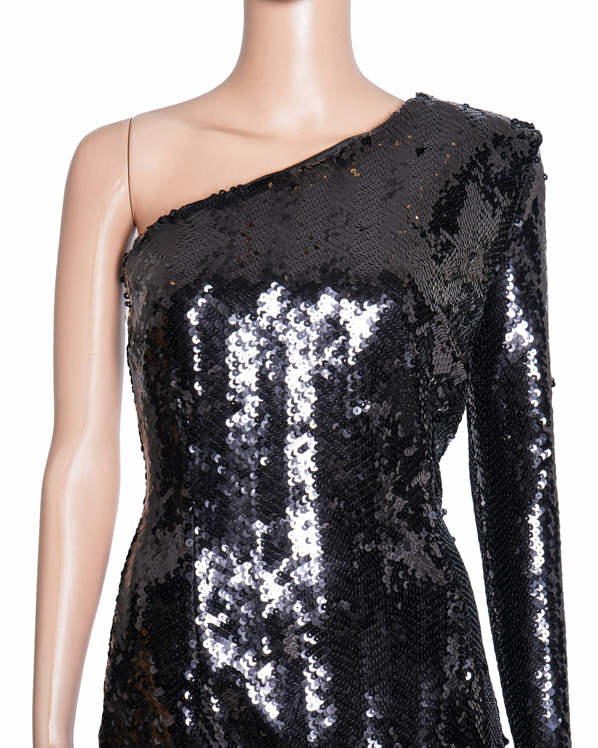 Nadine Merabi Black Sequin One-Shoulder Feather Dress