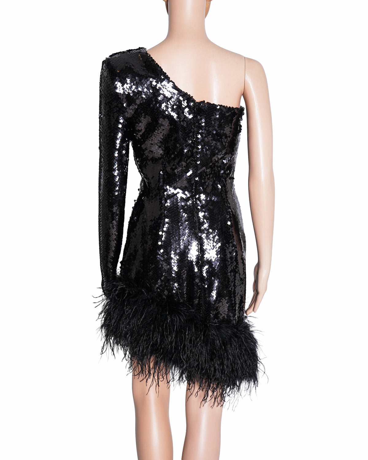 Nadine Merabi Black Sequin One-Shoulder Feather Dress