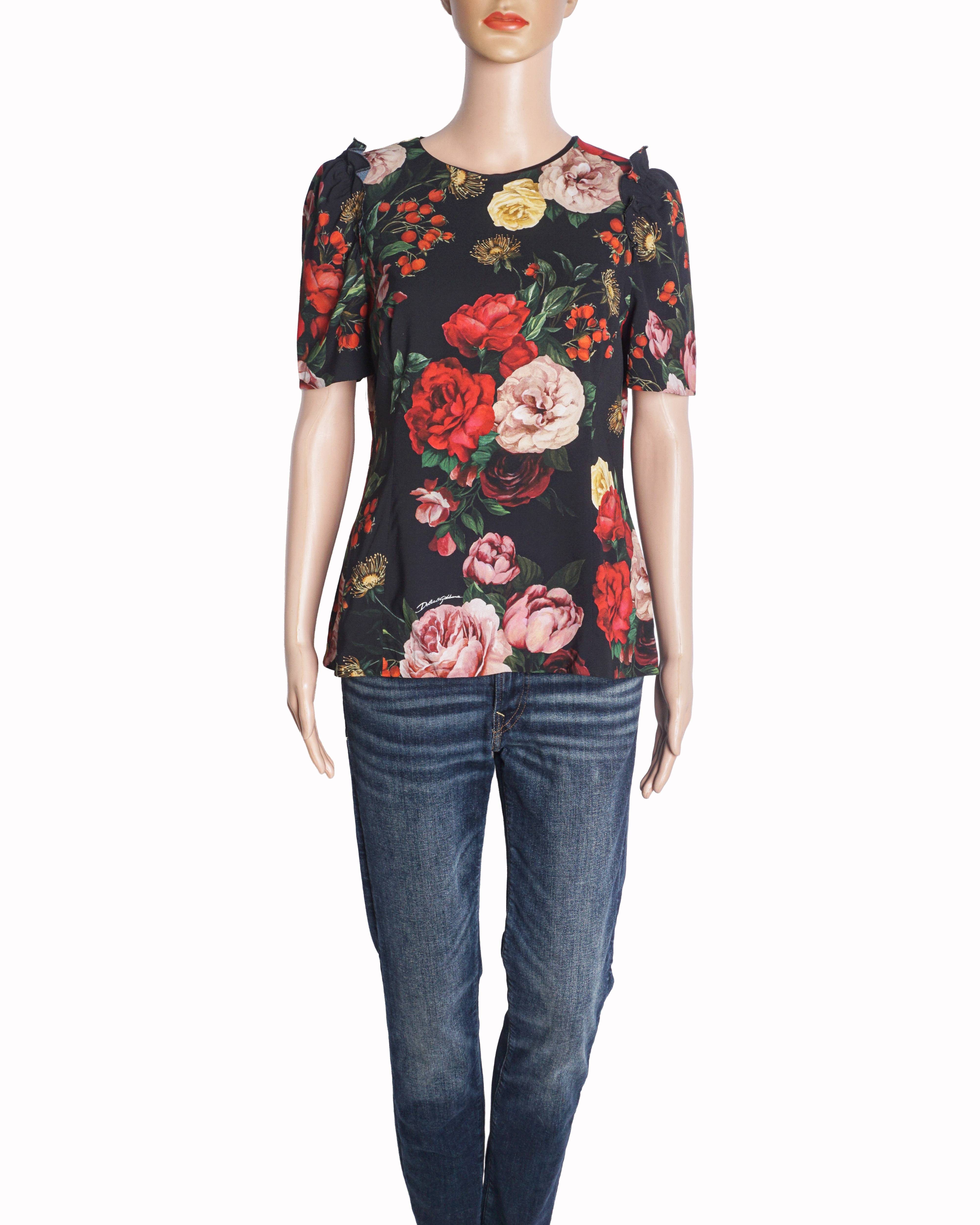 Dolce & Gabbana Black Rose Print Top
