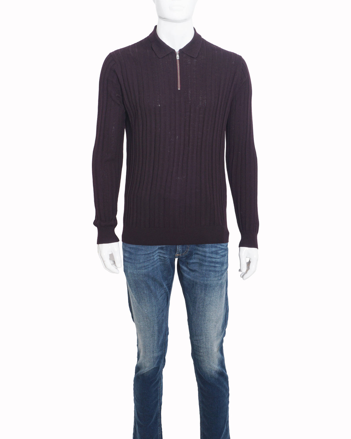 Corneliani Purple Ribbed Knit Half-Zip Polo Sweater