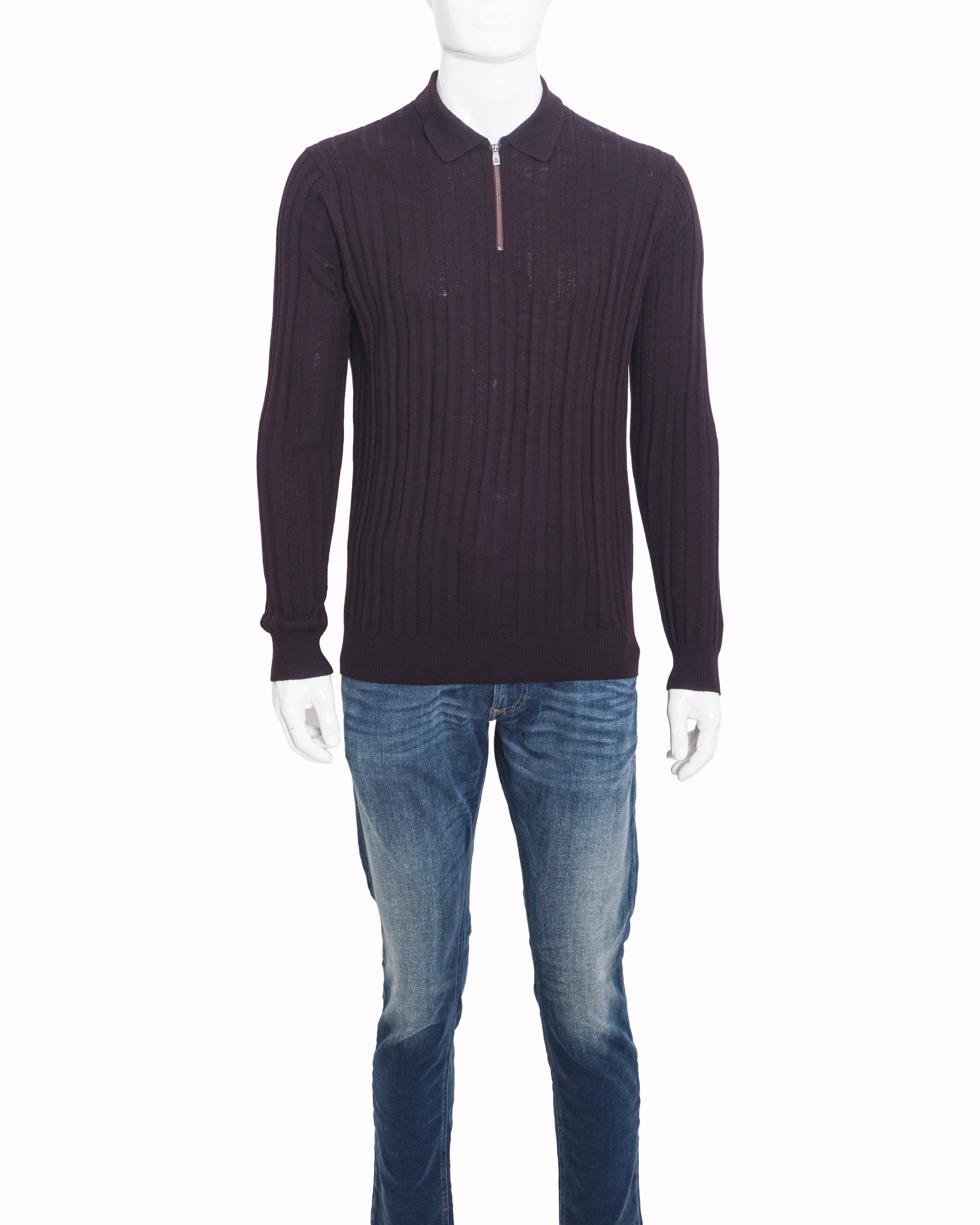 Corneliani Purple Ribbed Knit Half-Zip Polo Sweater