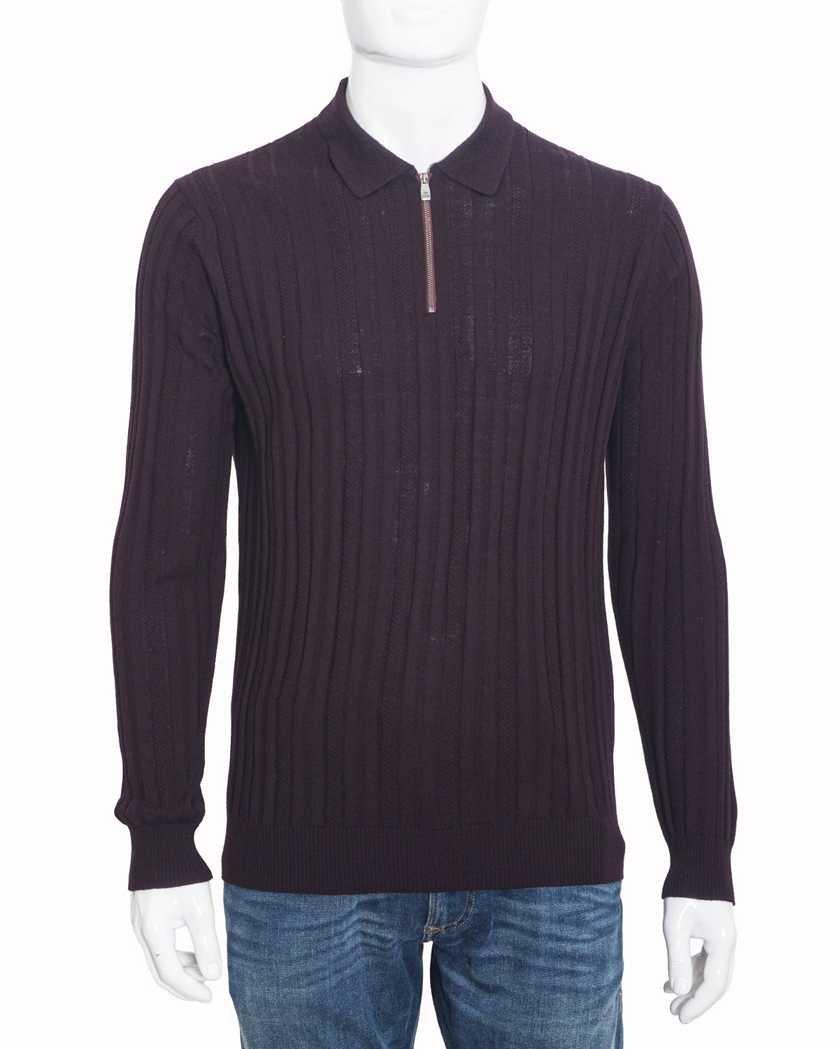 Corneliani Purple Ribbed Knit Half-Zip Polo Sweater
