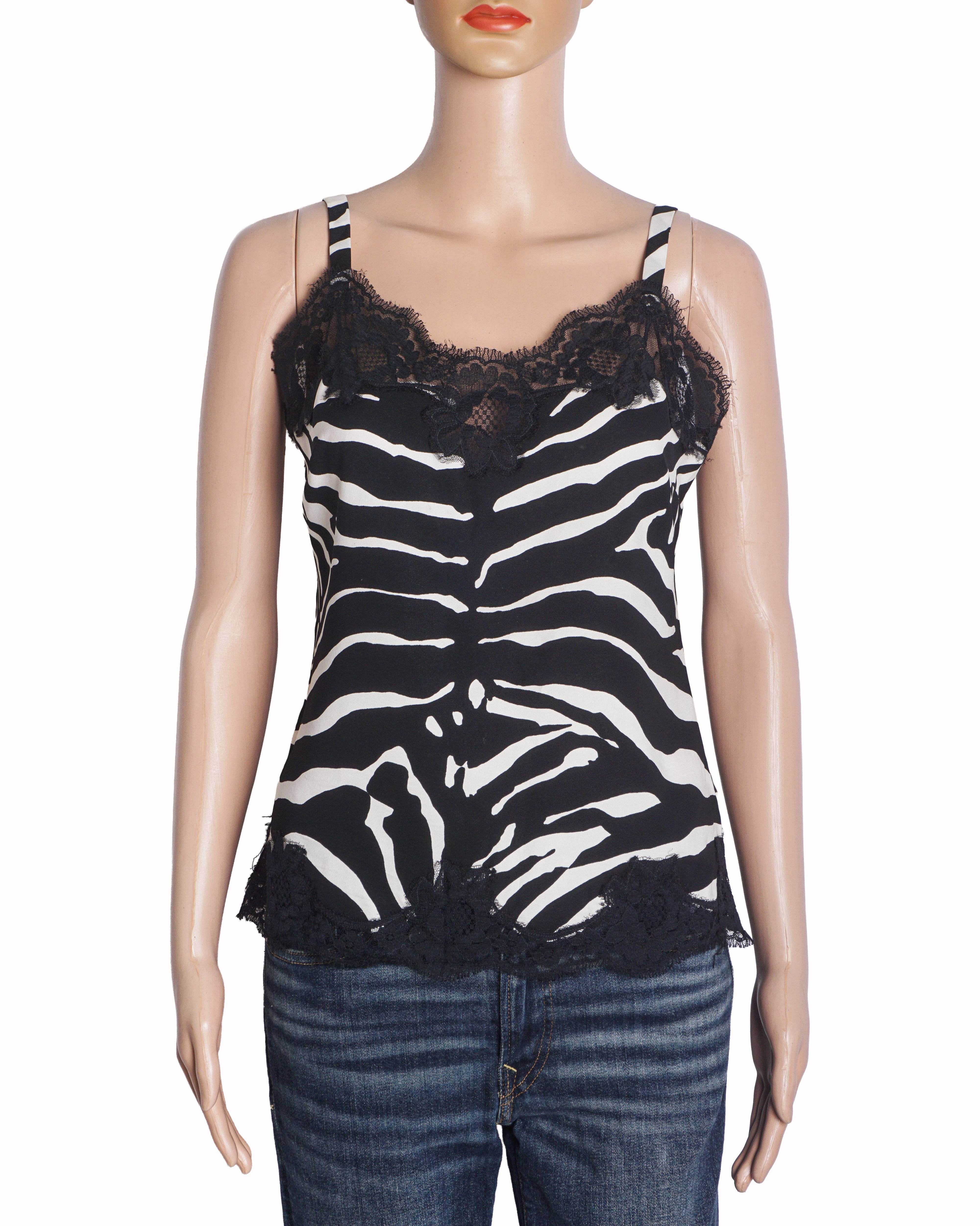 Dolce & Gabbana Zebra Print Lace Trim Silk Cami