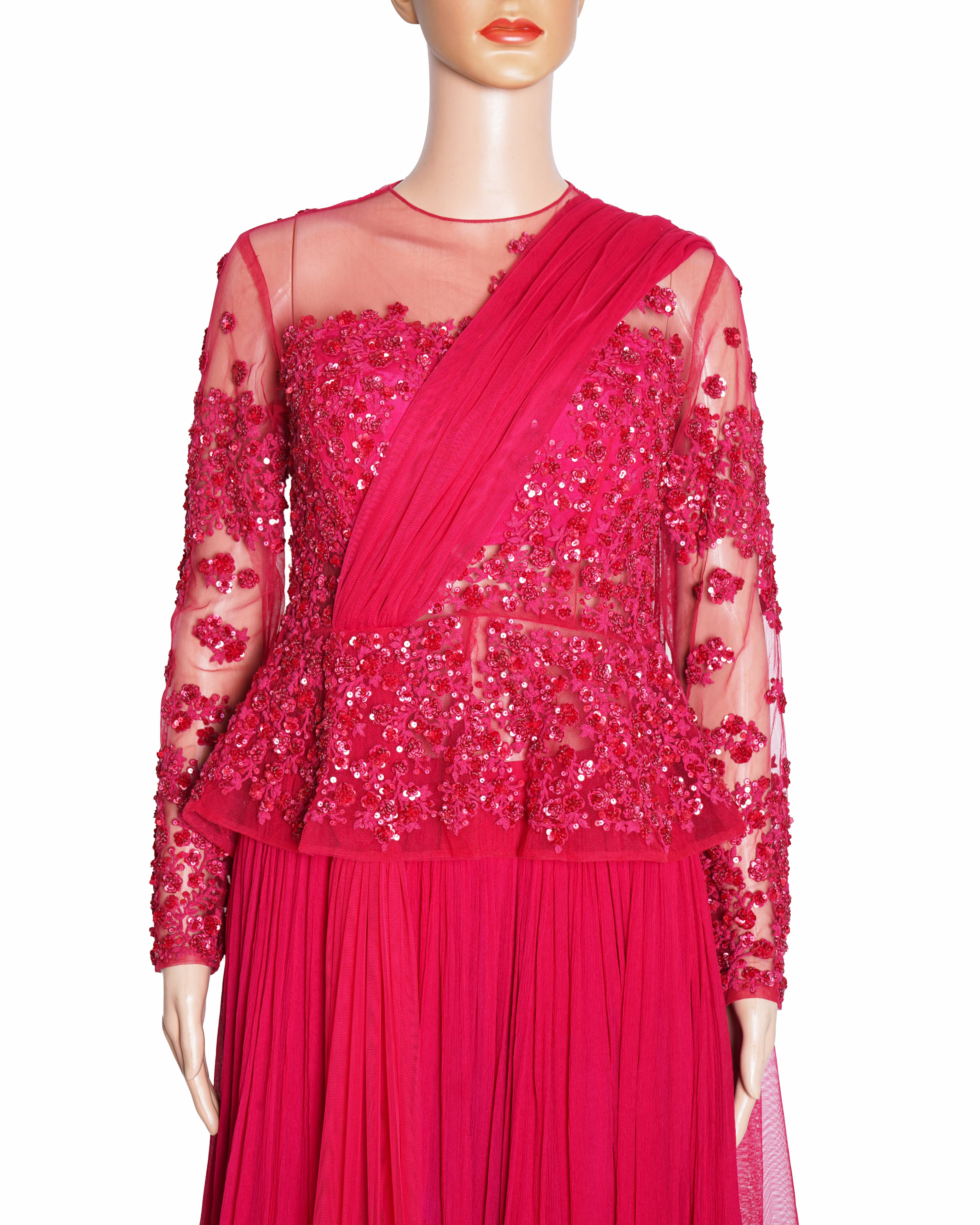 Ridhi Mehra Fuchsia Pink Embroidered Peplum Top & Pleated Skirt Set