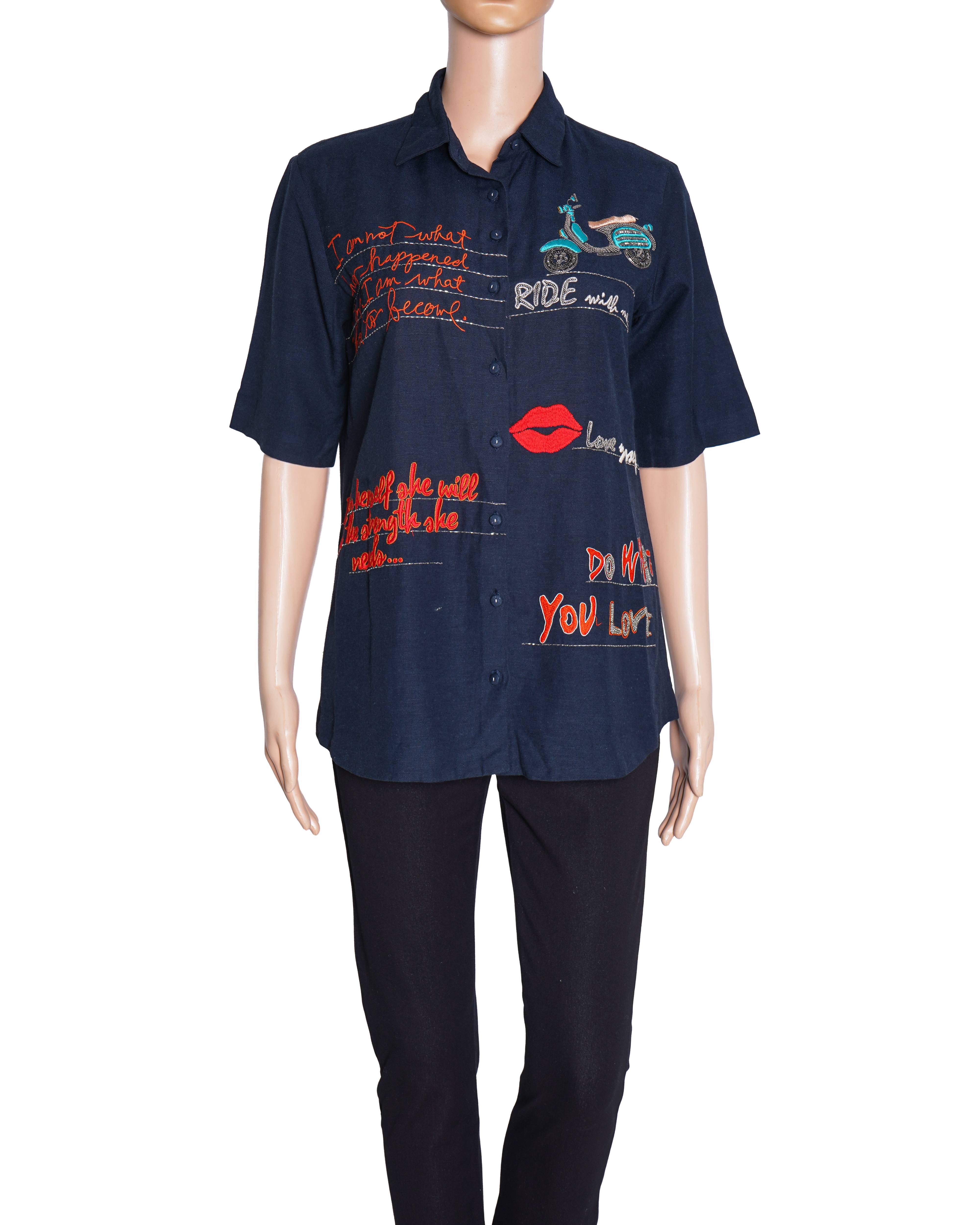 Shahin Mannan "Dear Diary"  Embroidered Shirt In Navy Blue