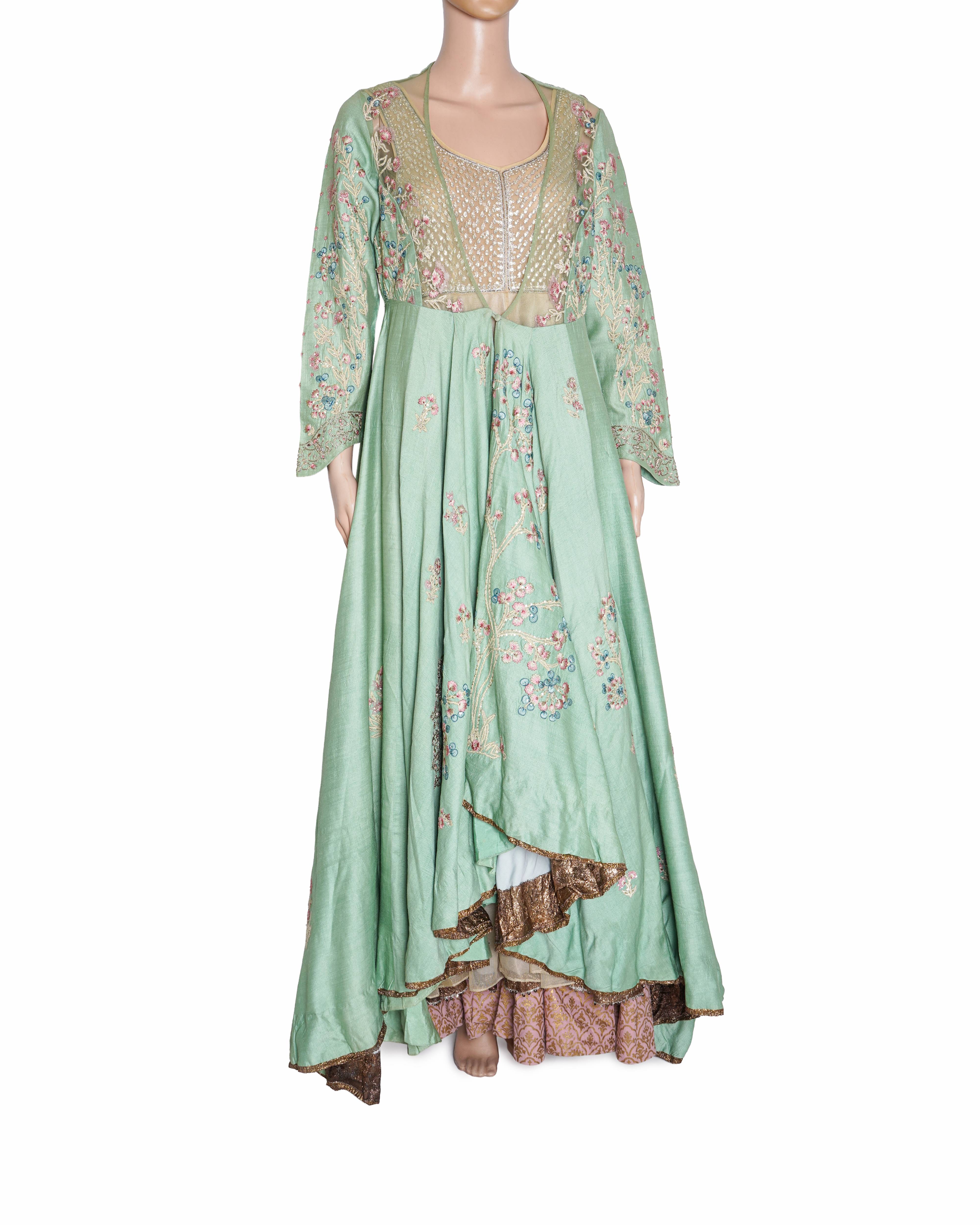 Anju Modi Fascinating Sage Green Embroidered Anarkali Set With Jacket
