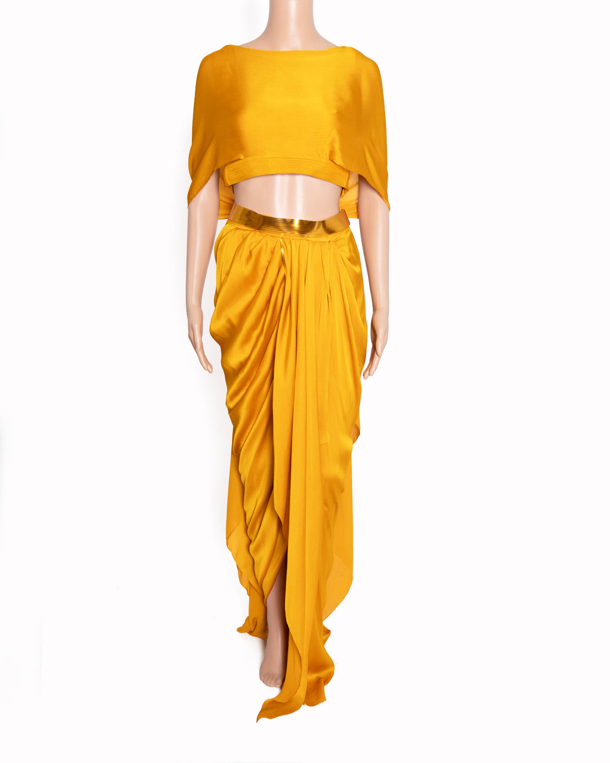 Amit Aggarwal Mustard Yellow Starburst Cape Top & Draped Skirt