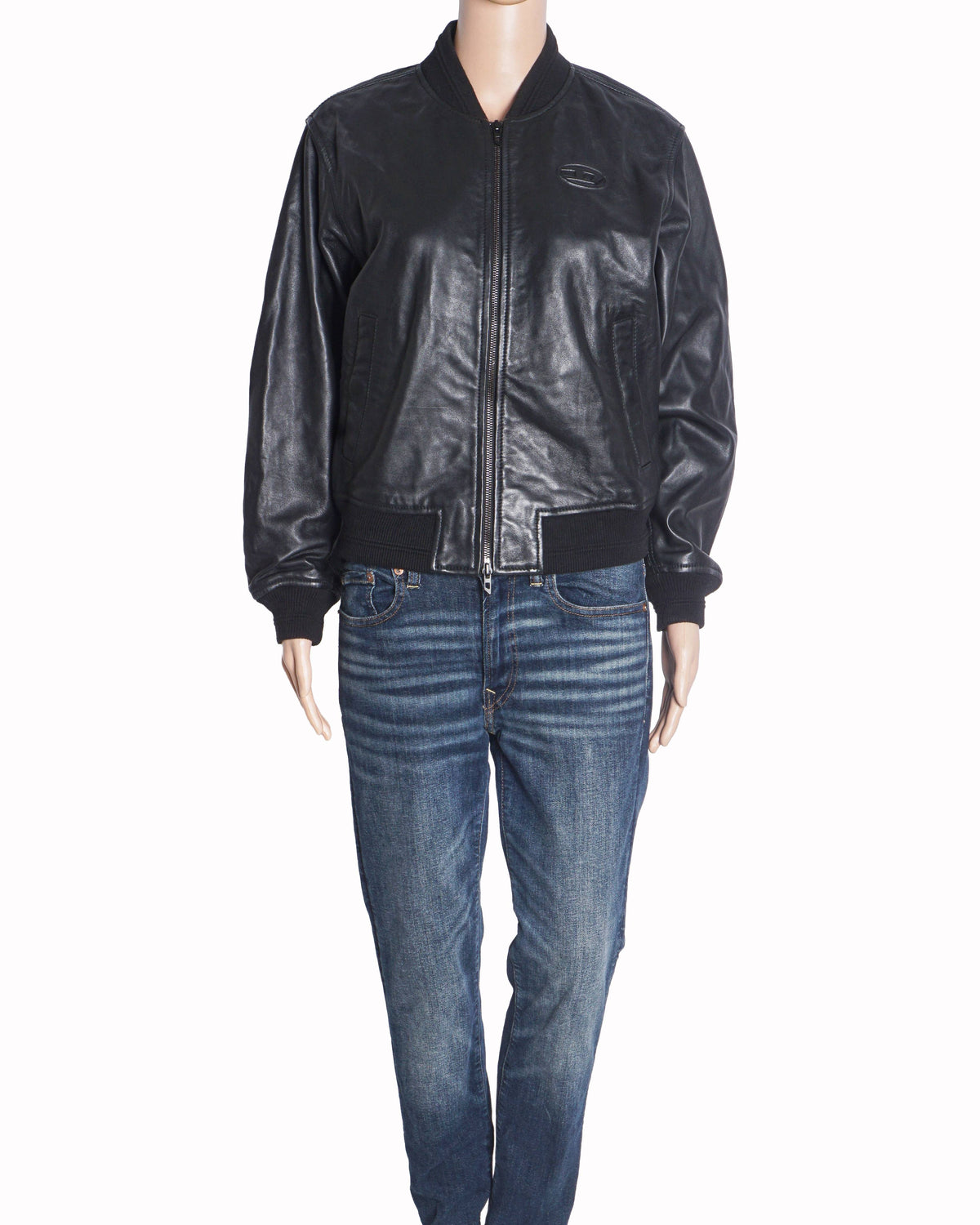 Diesel Black Leather Zip-Up Oval D Bomber Jacket