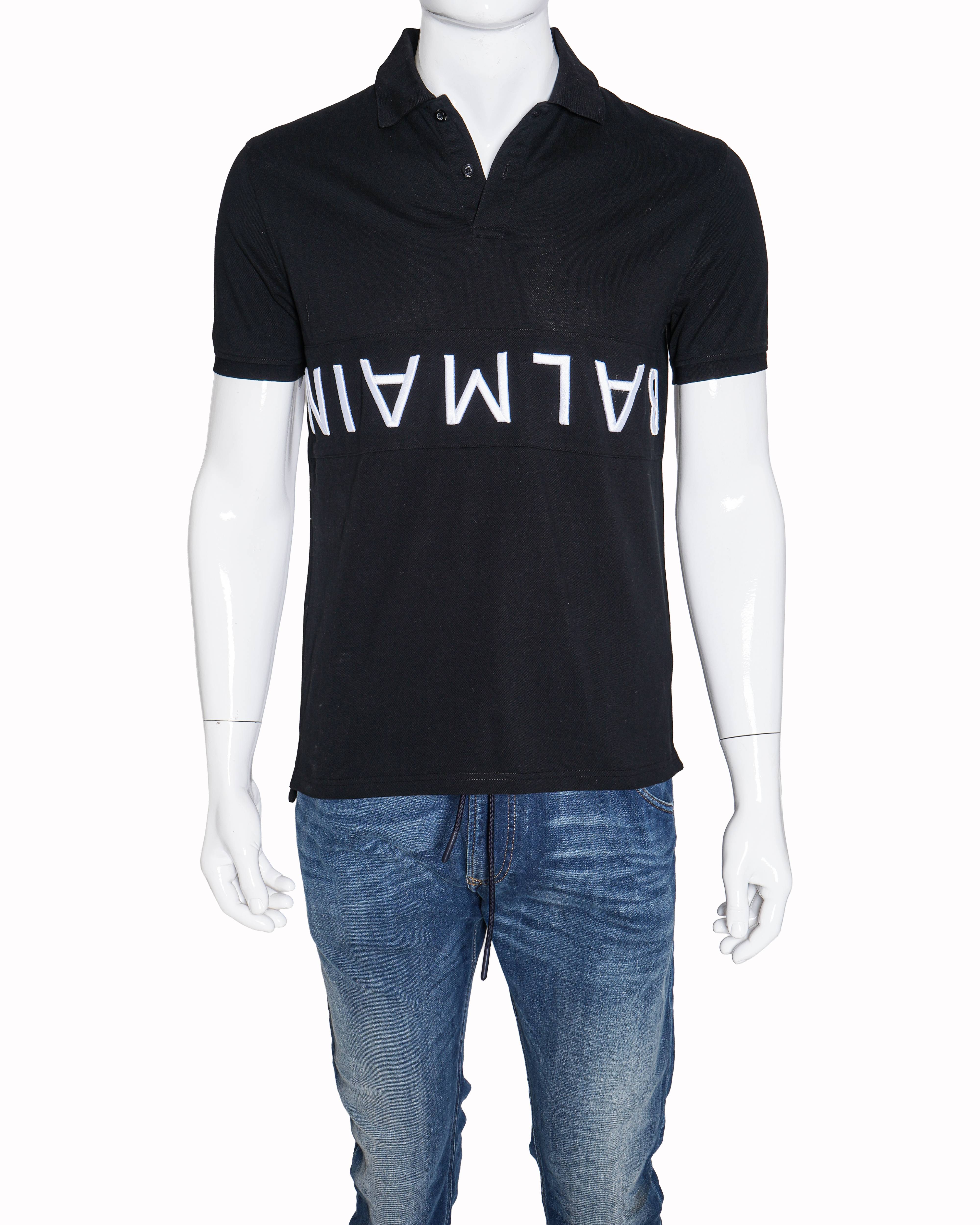 BALMAIN TEXT REVERSE EMBROIDERY BLACK POLO T-SHIRT