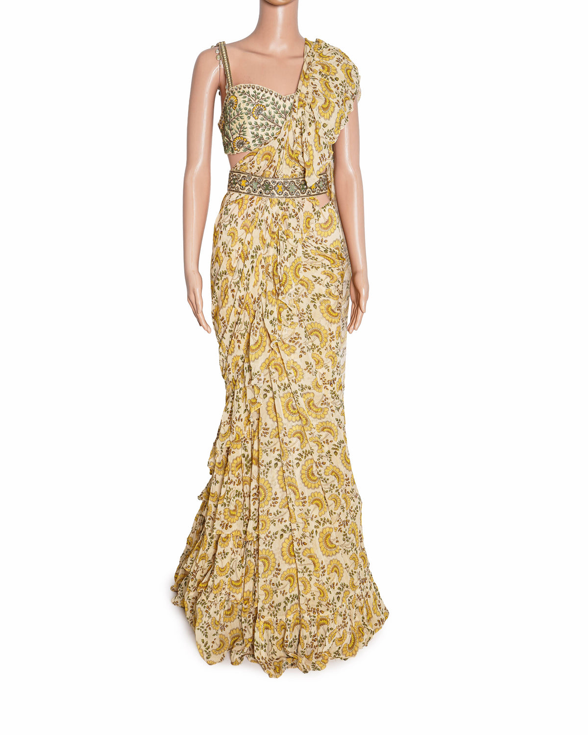 Arpita Mehta Coconut & Yellow Georgette Printed Ruffle Saree Set
