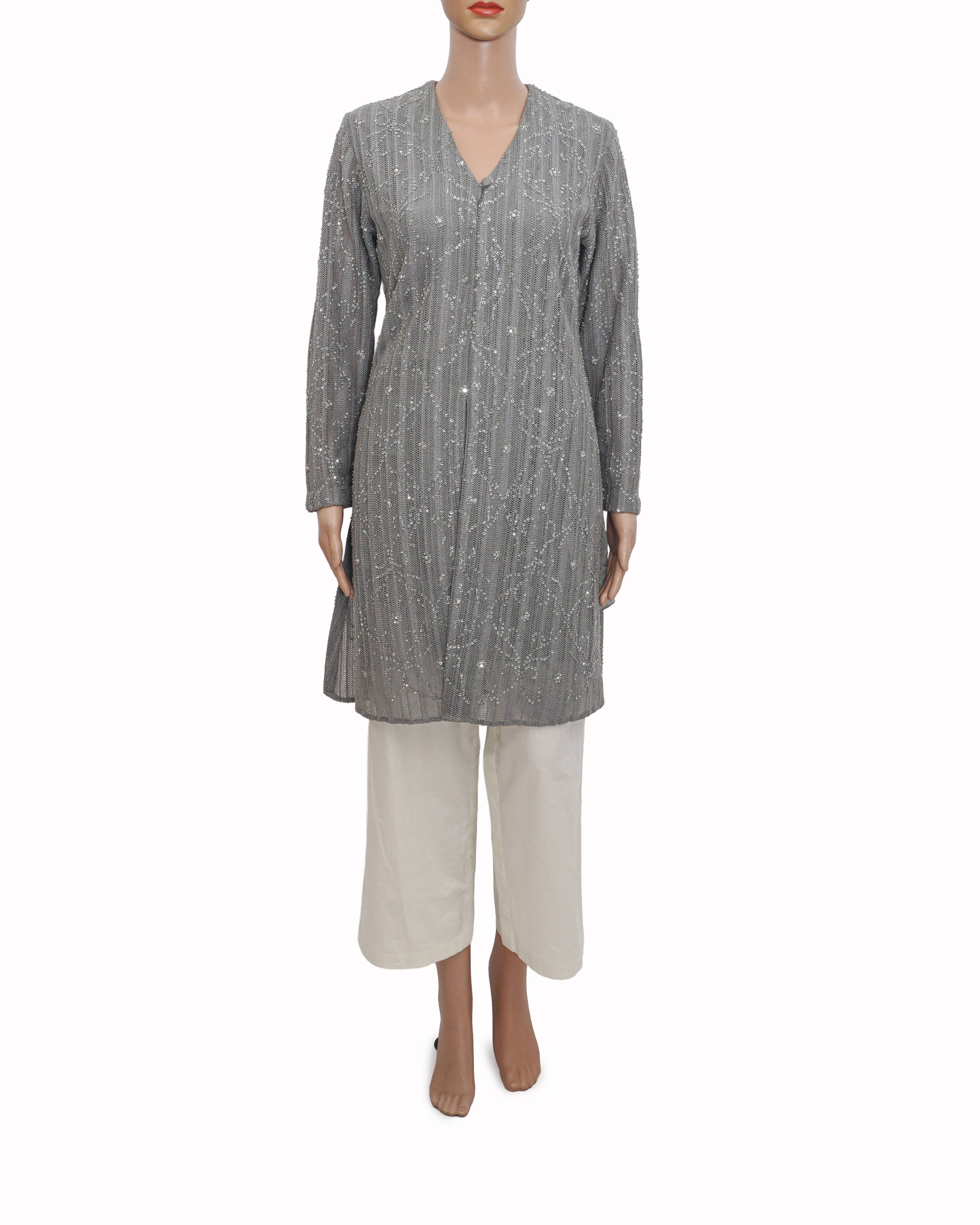 Rohit Bal Grey Heavily Embellished Tulle Net Kurta Set