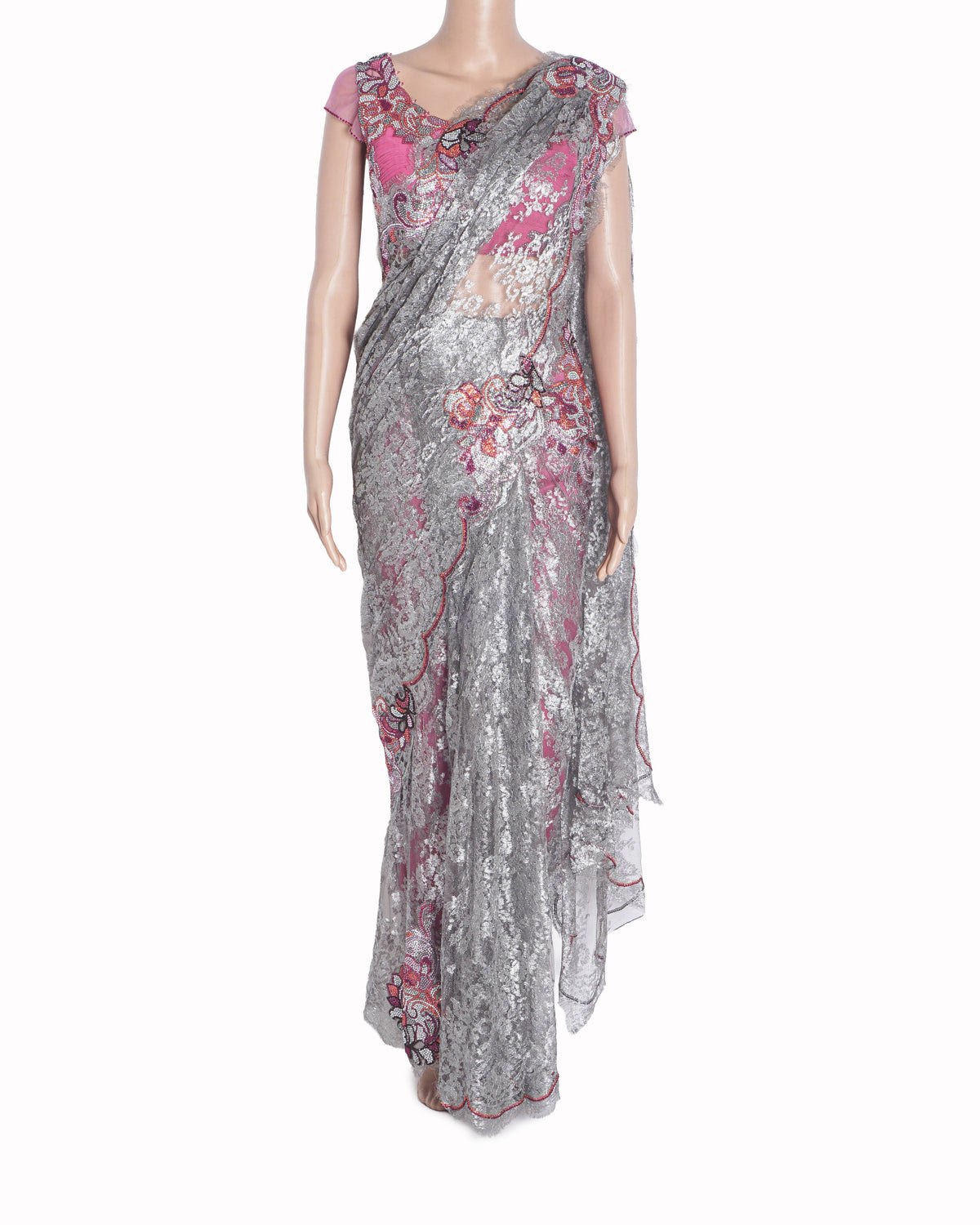 Elisha W Pre-Pleated Grey Lace Saree with Hot Pink Blouse