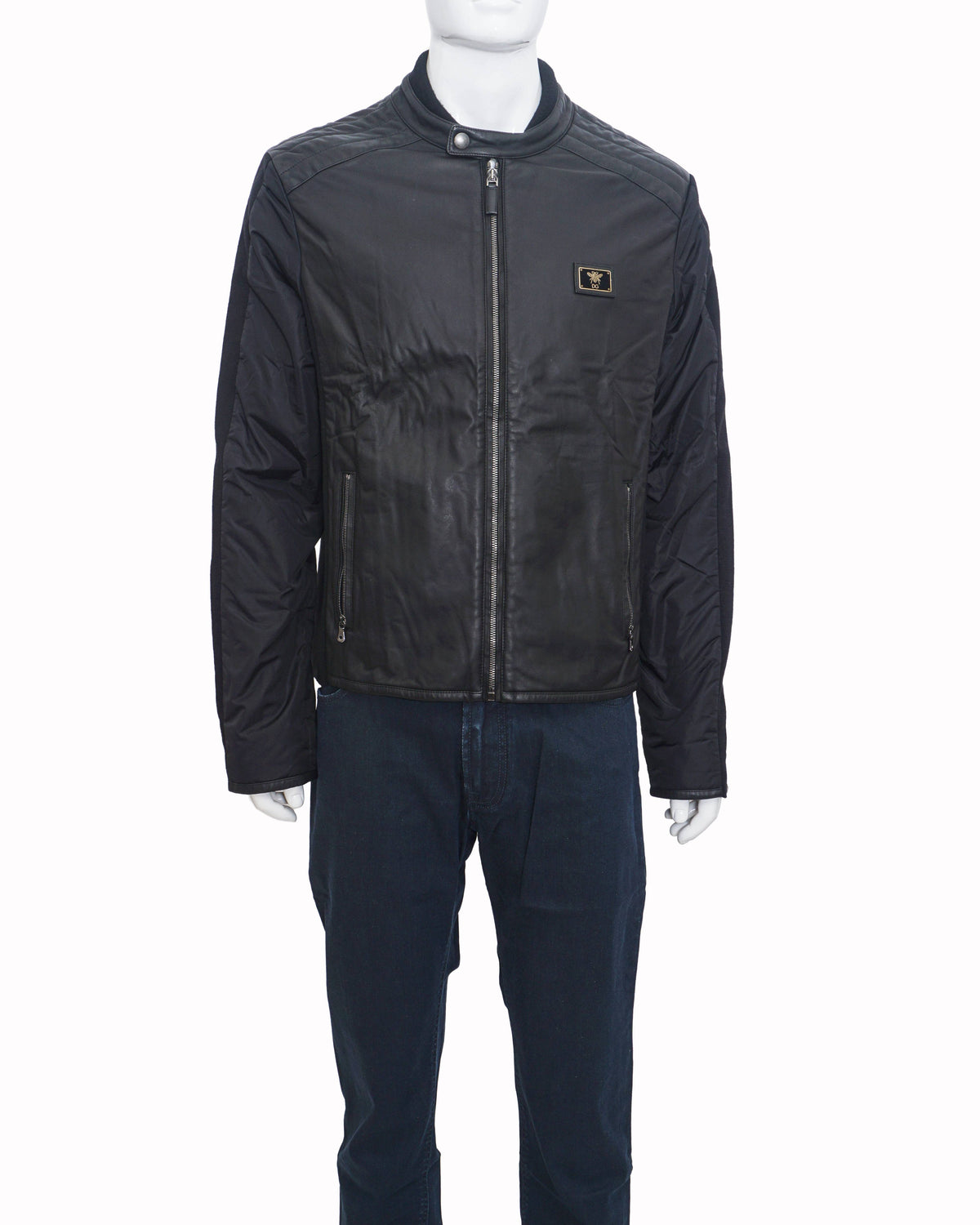 Dolce & Gabbana Plaque Logo Leather Biker Jacket