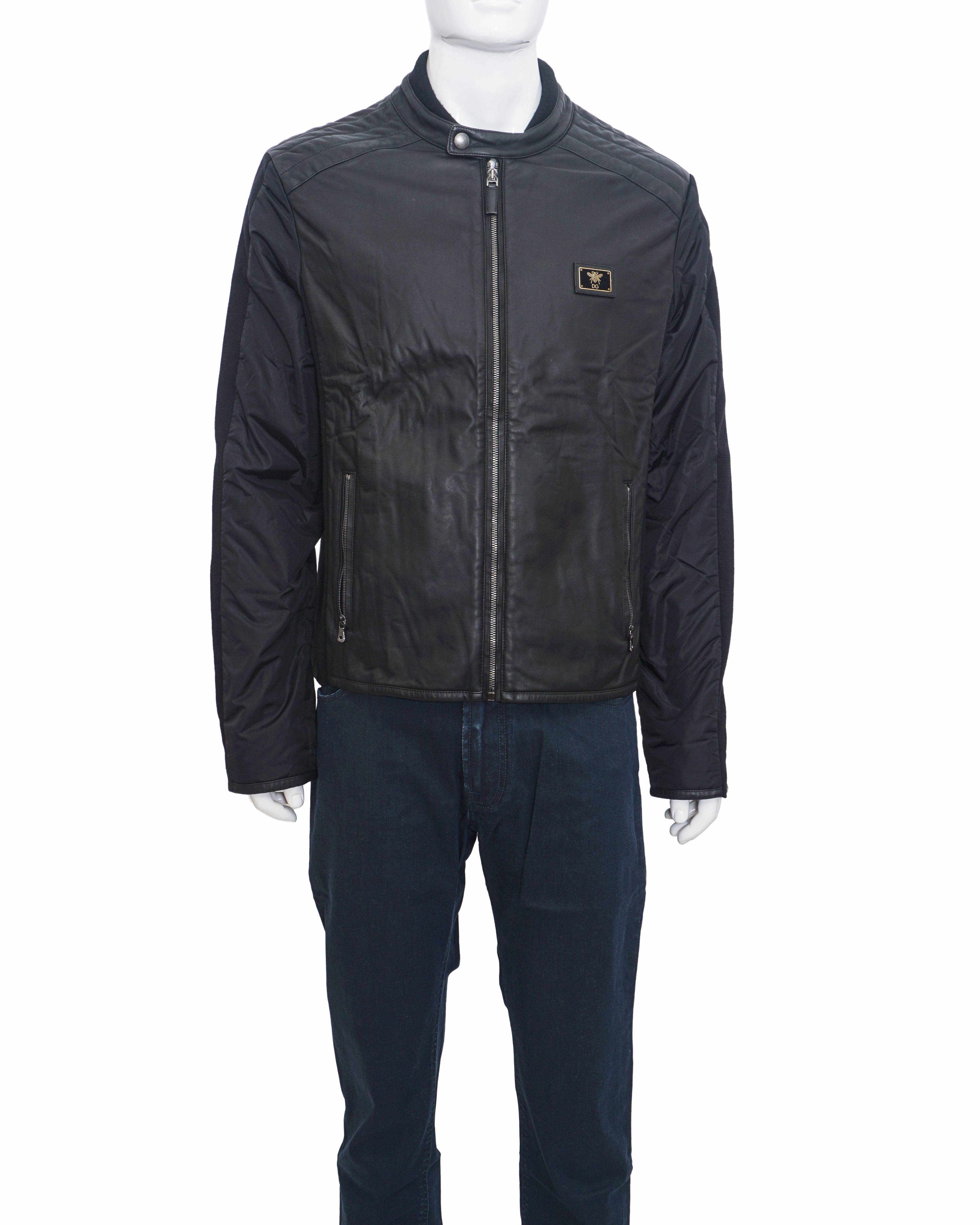 Dolce & Gabbana Plaque Logo Leather Biker Jacket