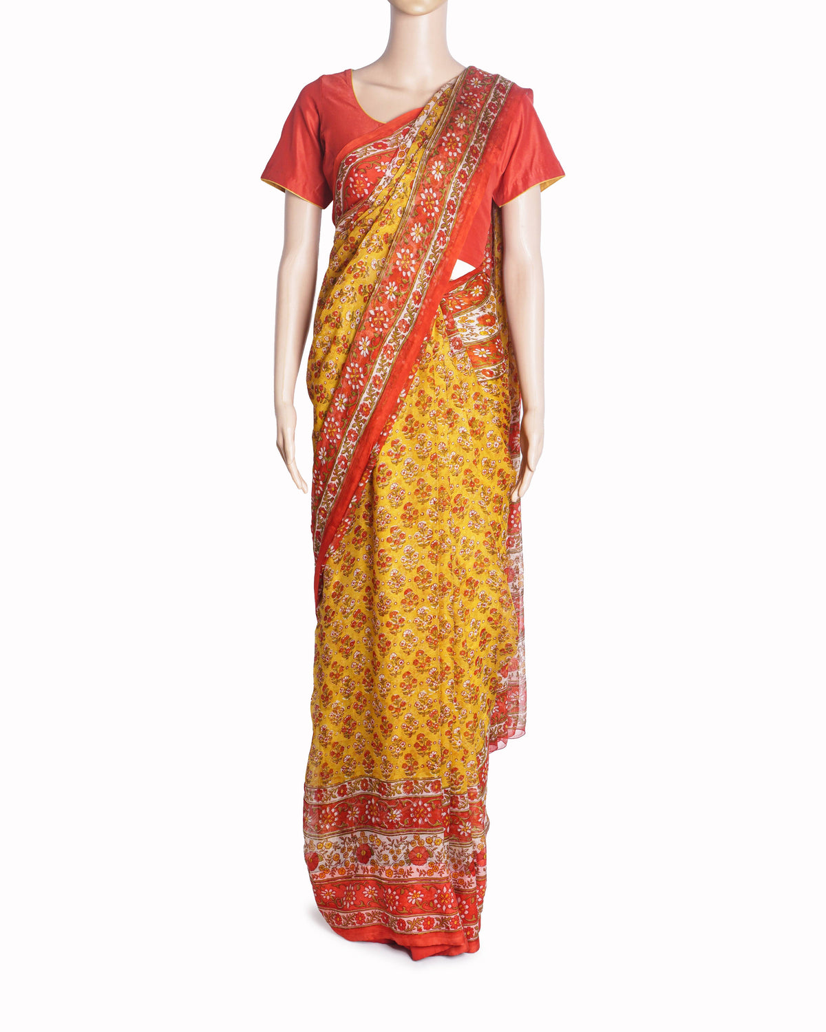 Ritu Kumar Coral Red & Yellow Floral Printed Silk Crepe Saree Set