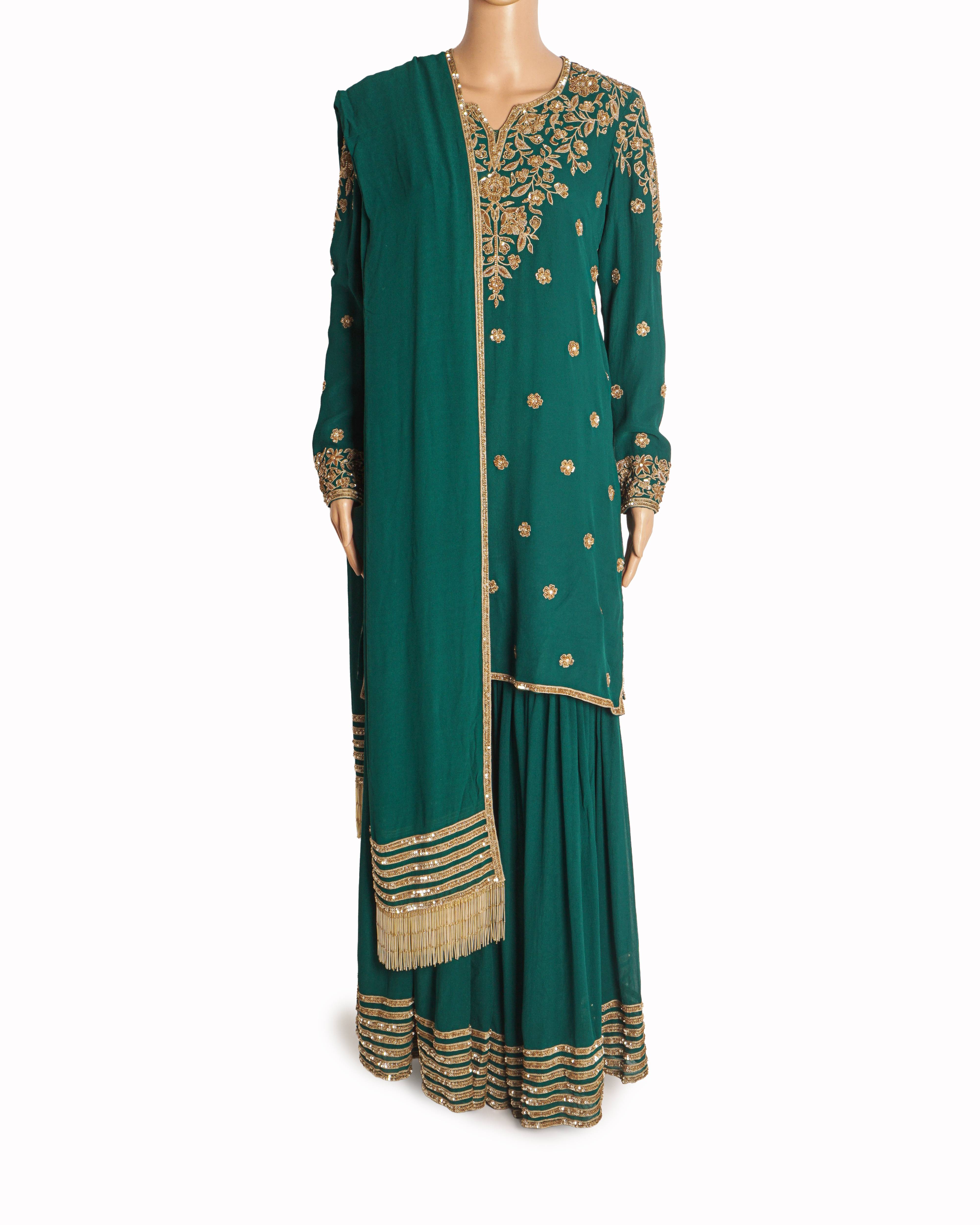Malasa Emerald Green Hand-Embroidered Sharara Set