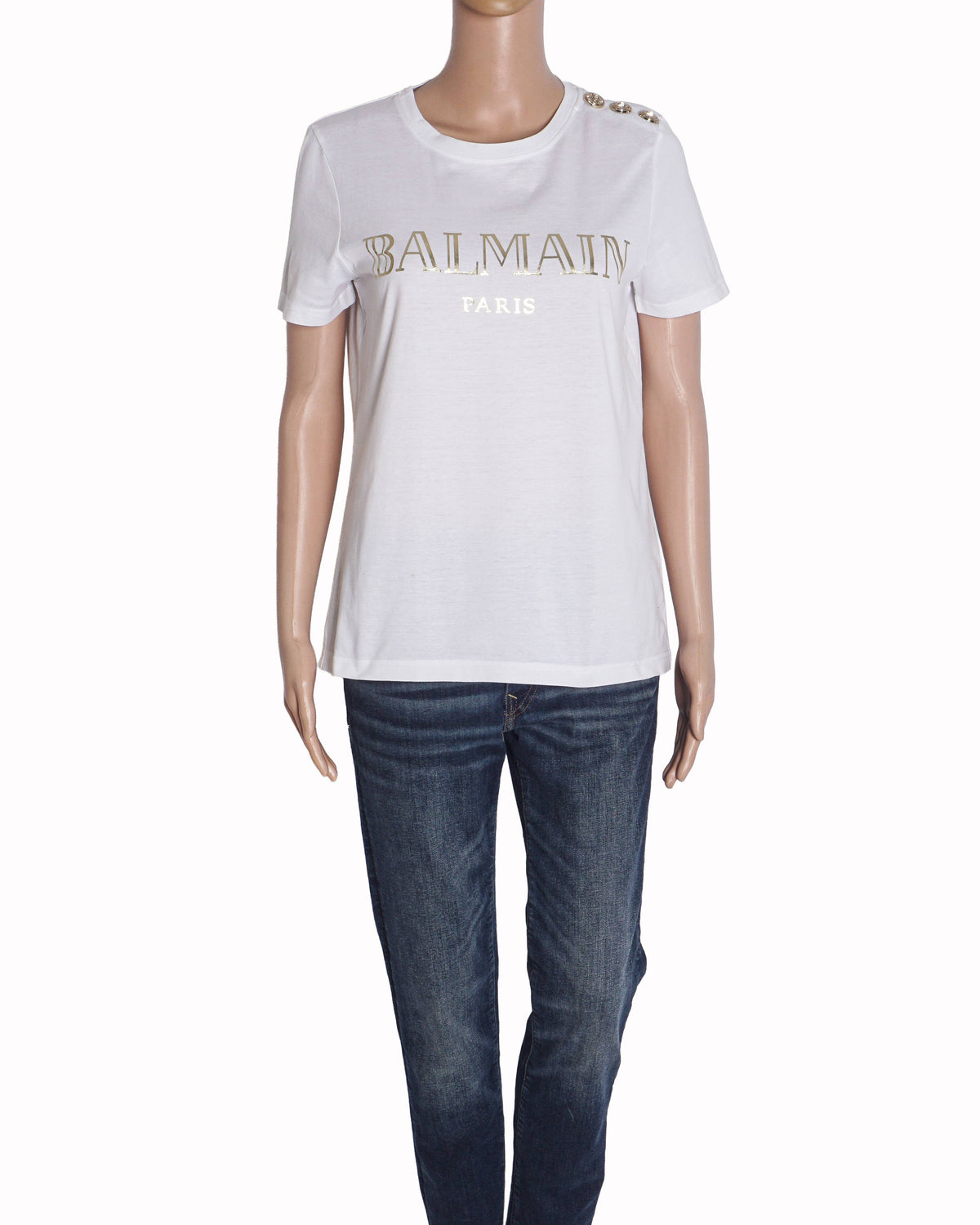 Balmain White Rhinestone Logo T-Shirt with Gold Buttons