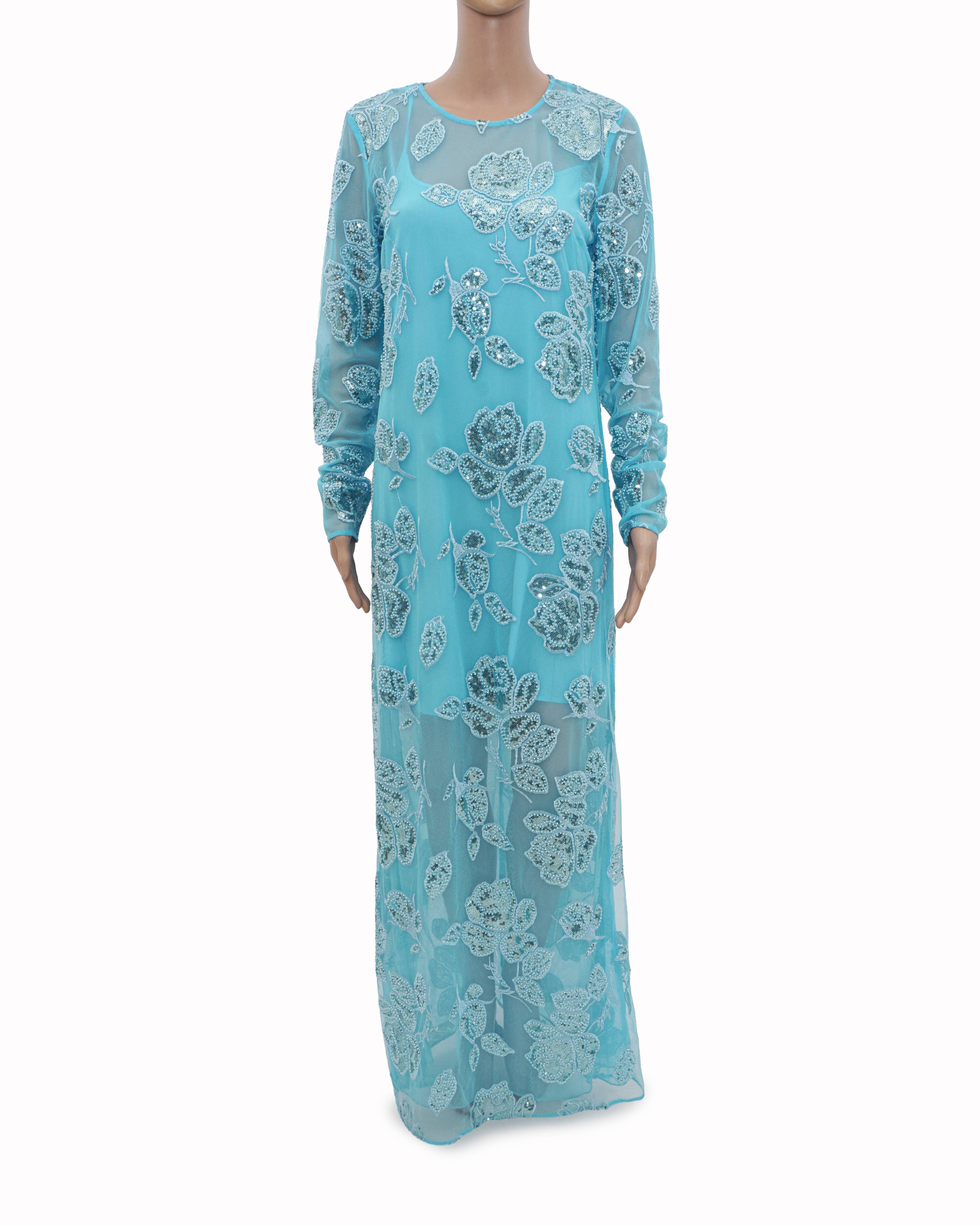 Rotate Turquoise Blue Sequins Beaded Midi Dress