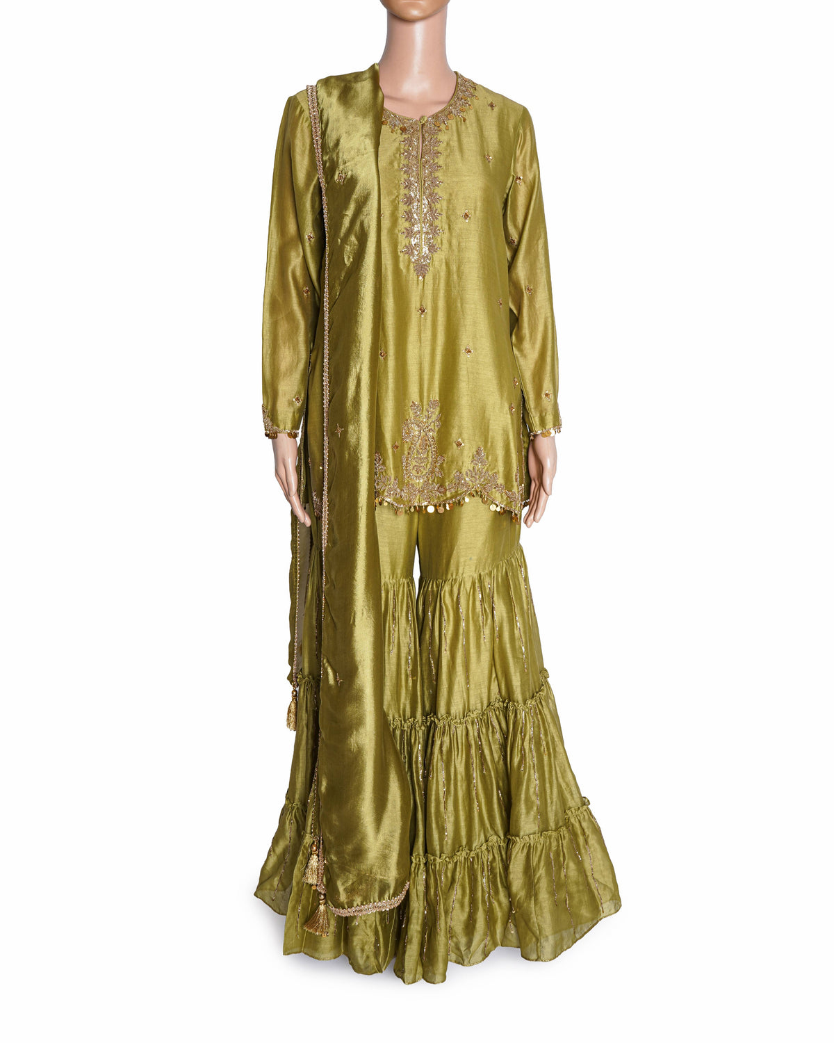 Niti Bothra Sage Green Silk Chanderi Gharara Set