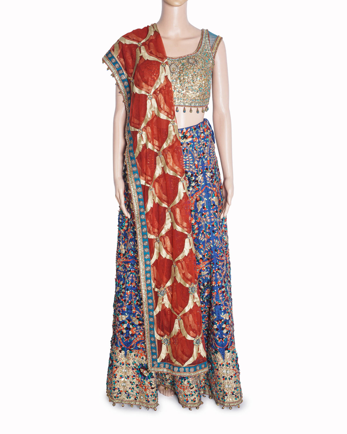 Ashima Leena Royal Blue & Red Embroidered Lehenga Set