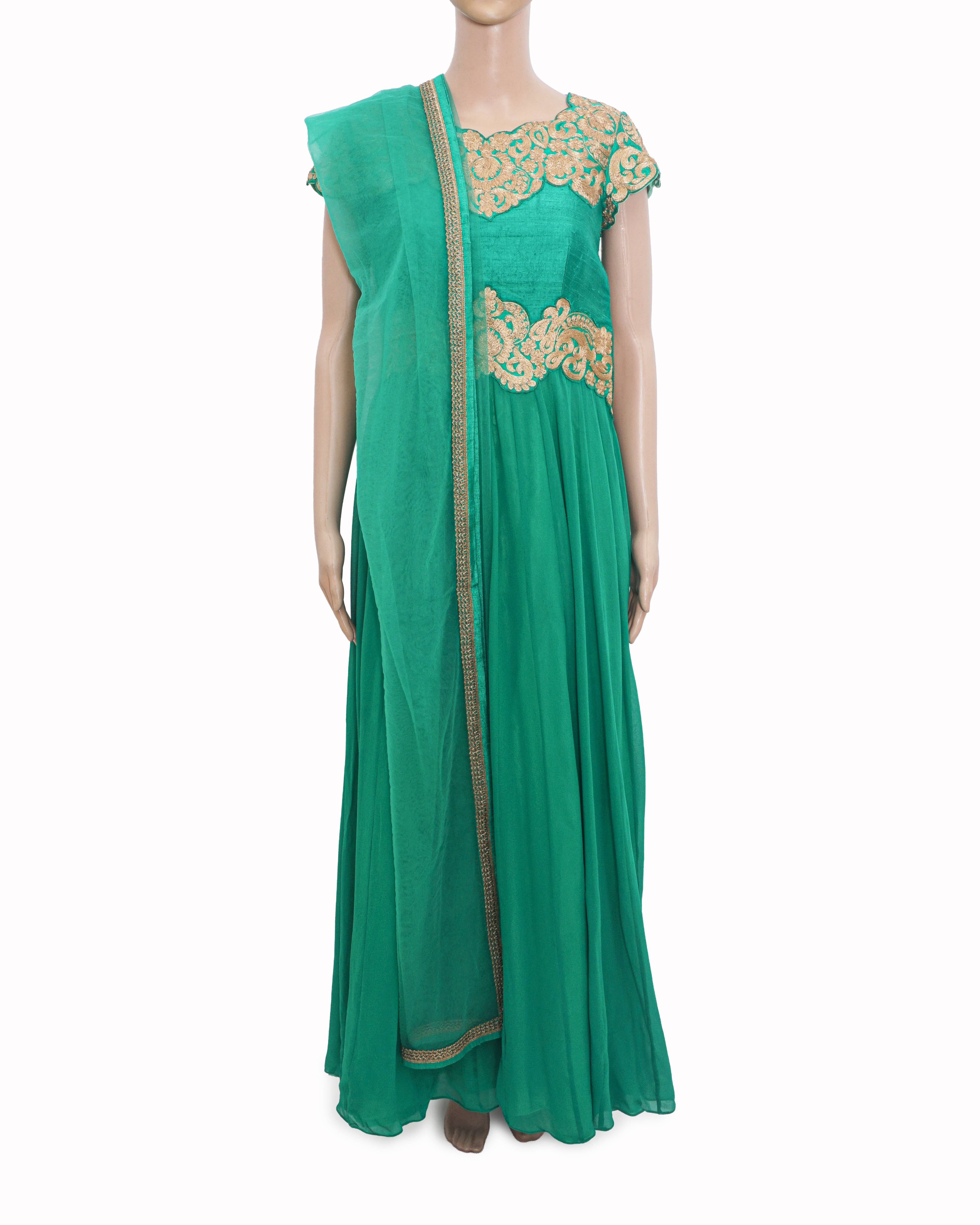 Aneesh Agarwaal Emerald Green Embroidered Silk Anarkali Set