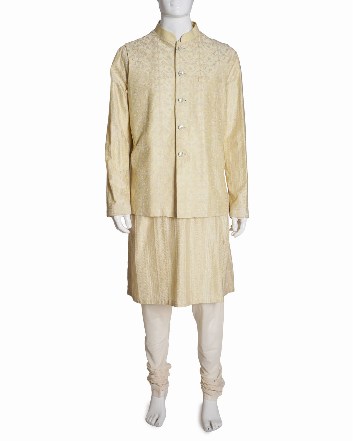 Rohit Bal Pastel Yellow Embroidered Kurta Set with Bundi Jacket